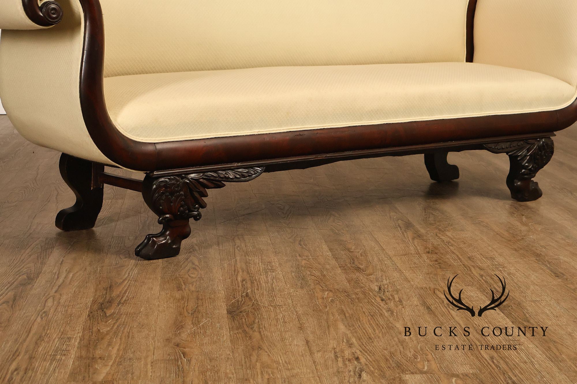 Antique Empire Style Mahogany Classical Scroll Arm Sofa