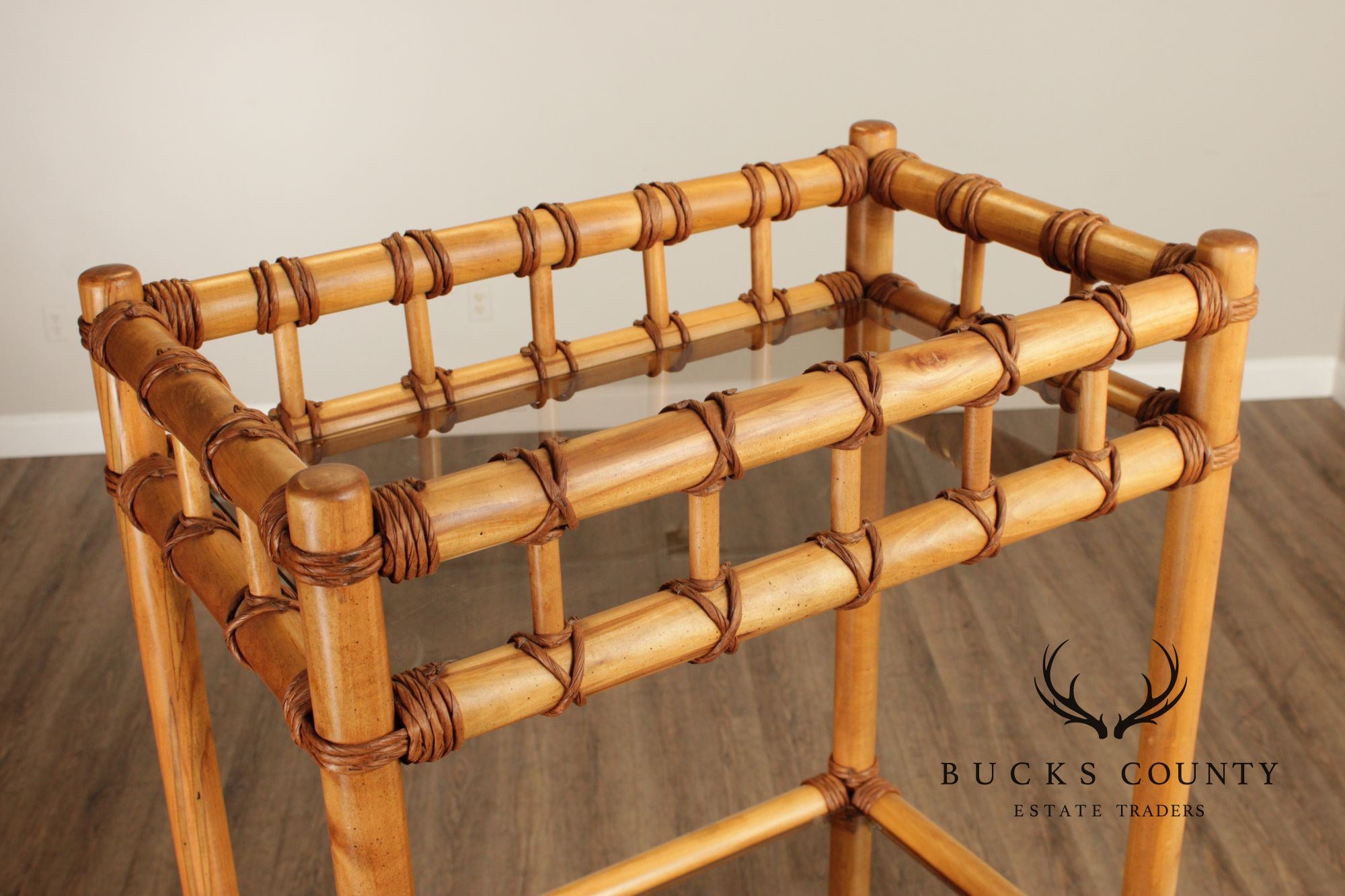Vintage Coastal Style Bamboo And Glass Shelf Etagere
