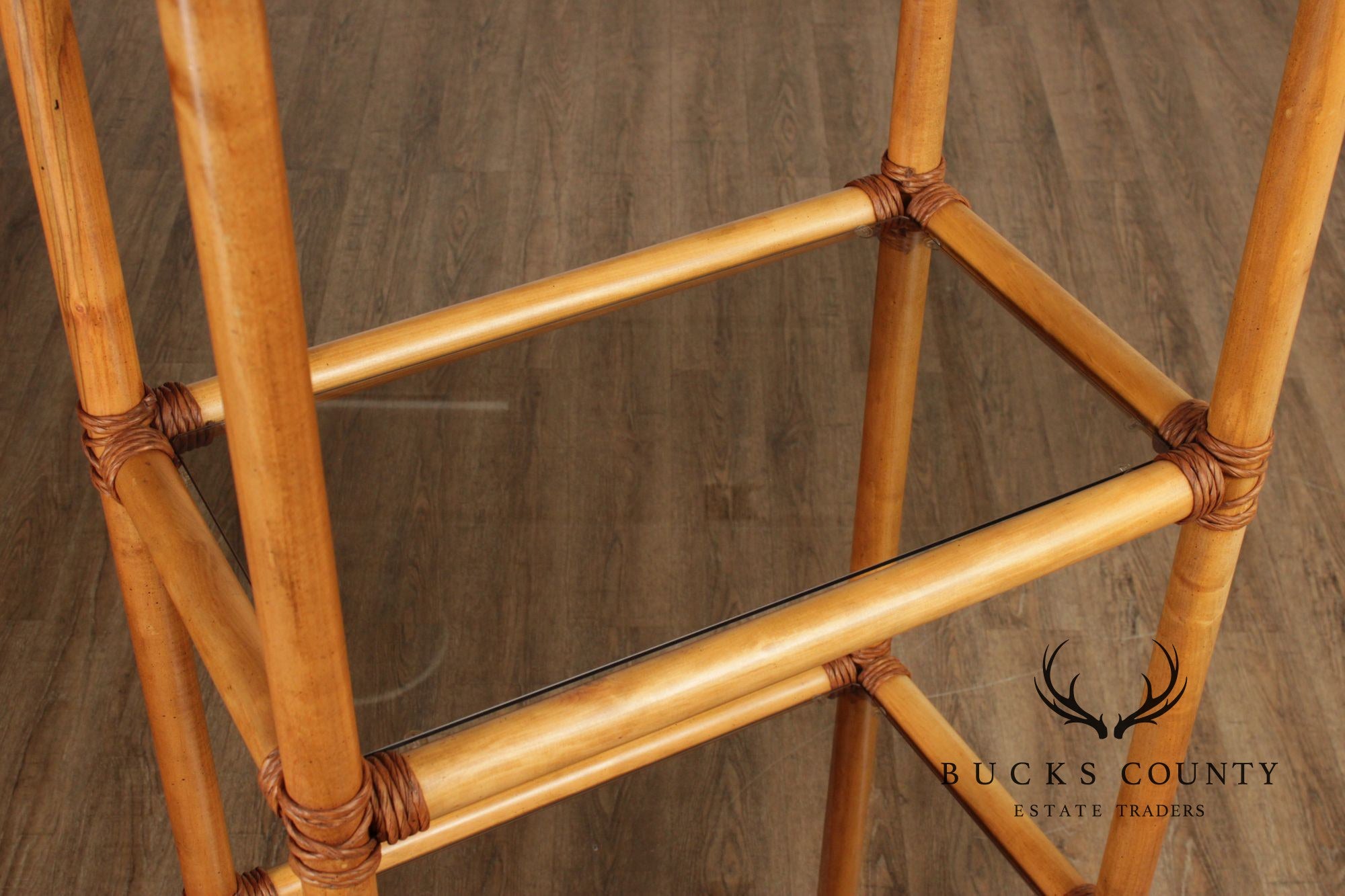 Vintage Coastal Style Bamboo And Glass Shelf Etagere