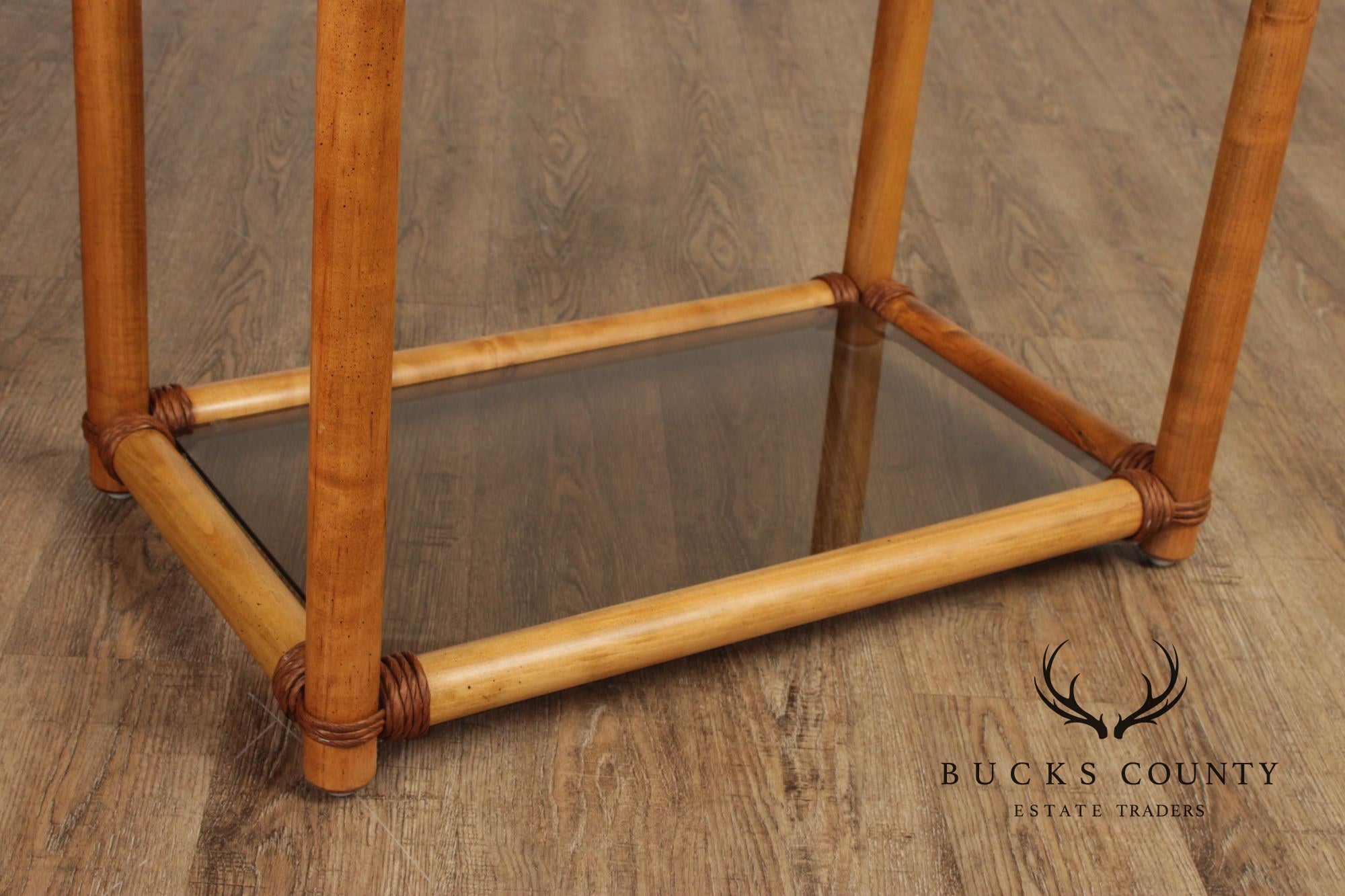 Vintage Coastal Style Bamboo And Glass Shelf Etagere