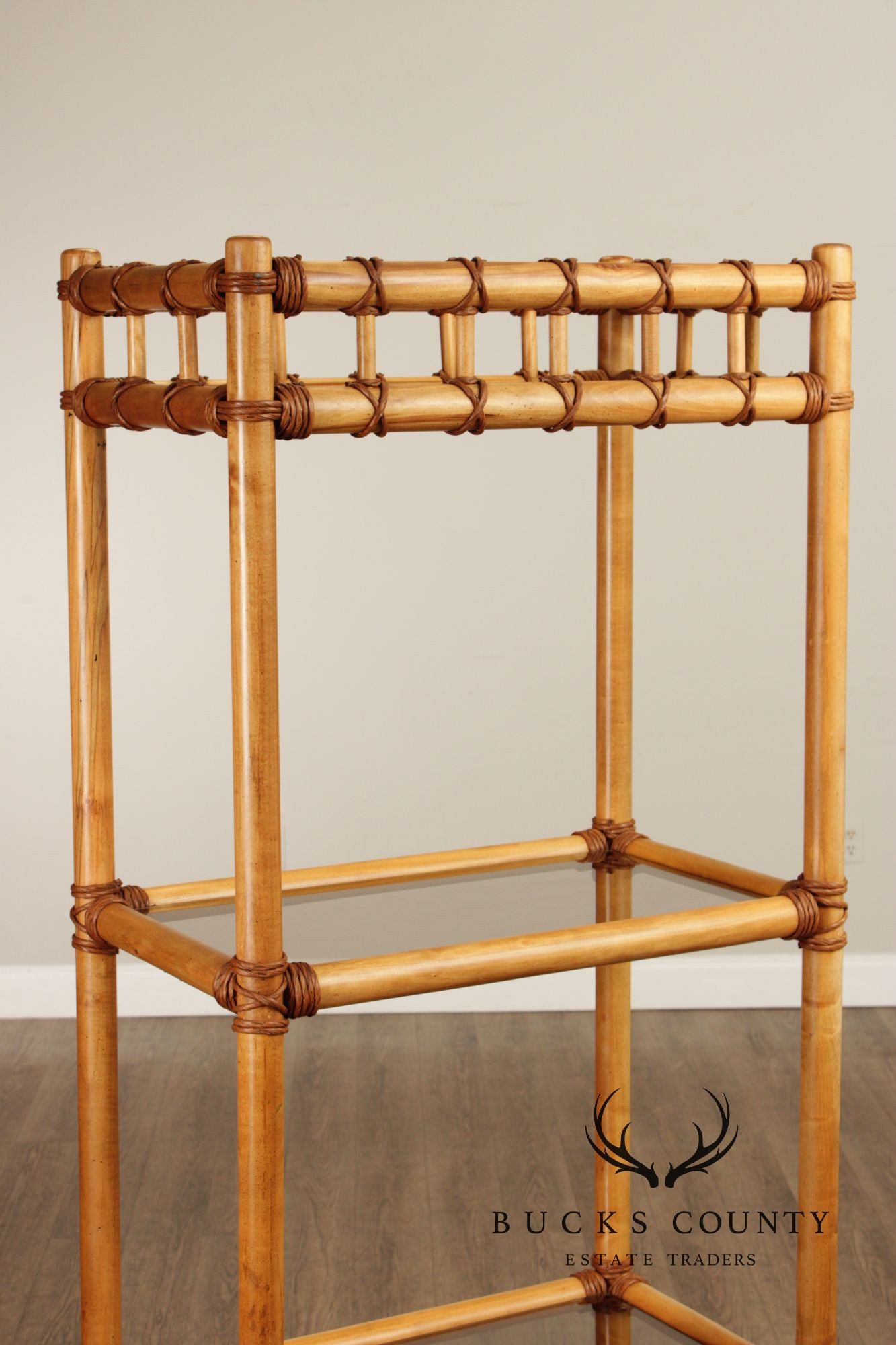 Vintage Coastal Style Bamboo And Glass Shelf Etagere
