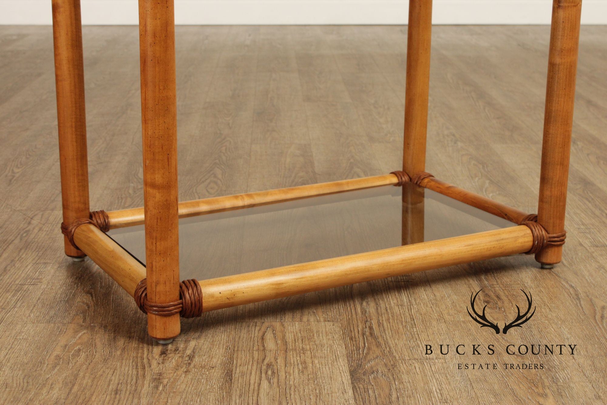 Vintage Coastal Style Bamboo And Glass Shelf Etagere