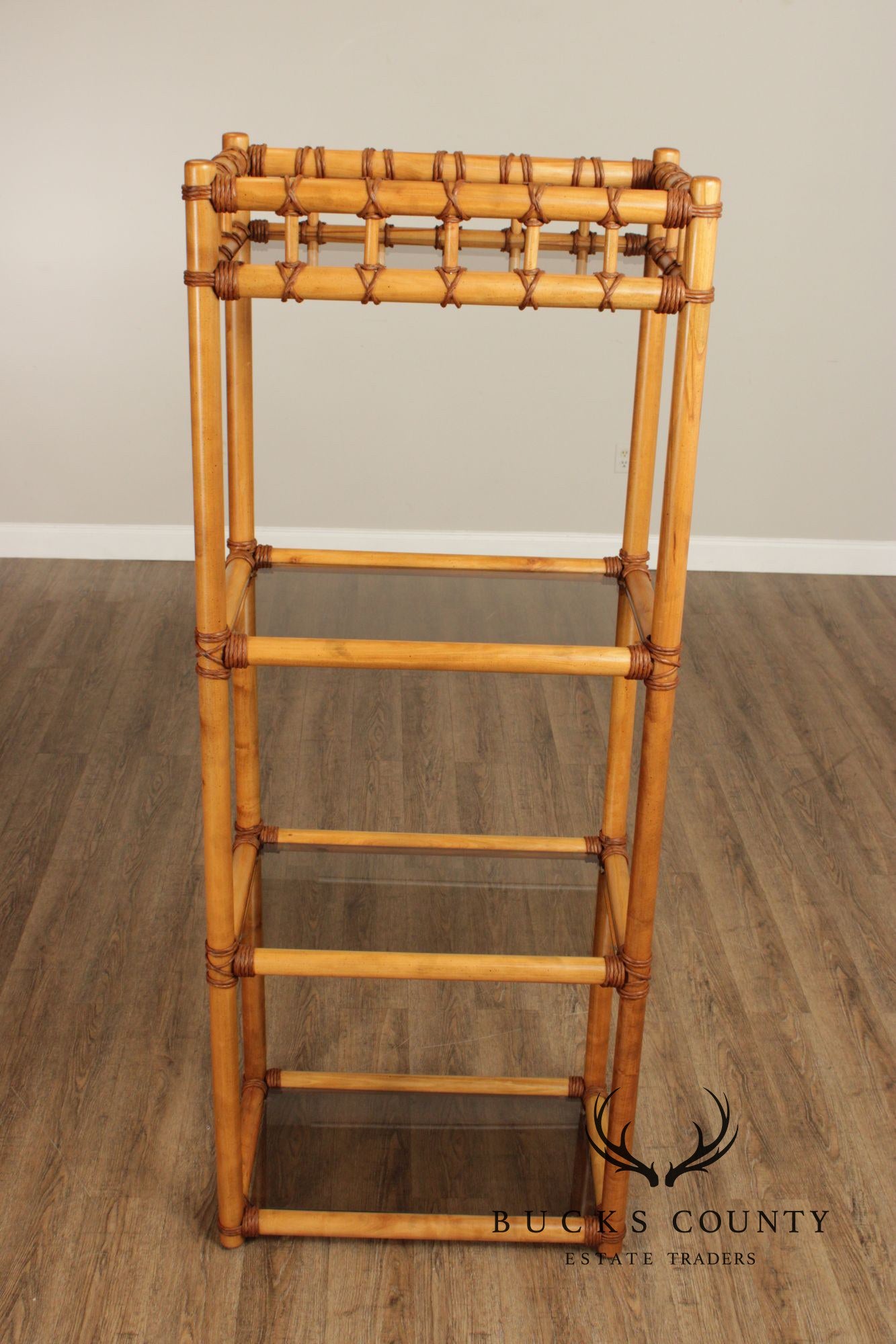 Vintage Coastal Style Bamboo And Glass Shelf Etagere