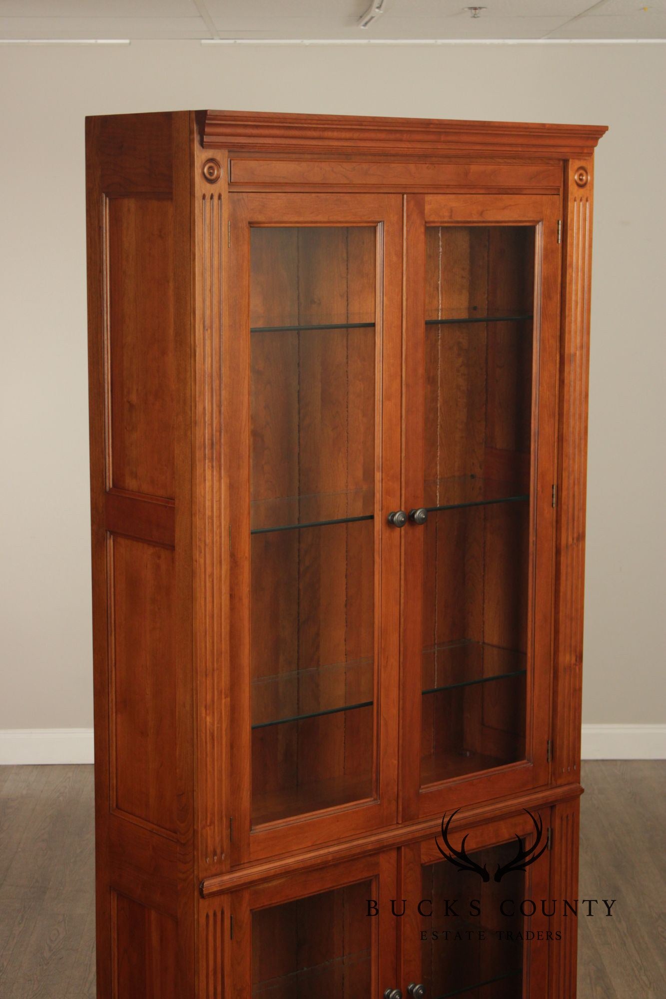 Stickley Tall Cherry Traditional Lighted Glass Door Display Cabinet