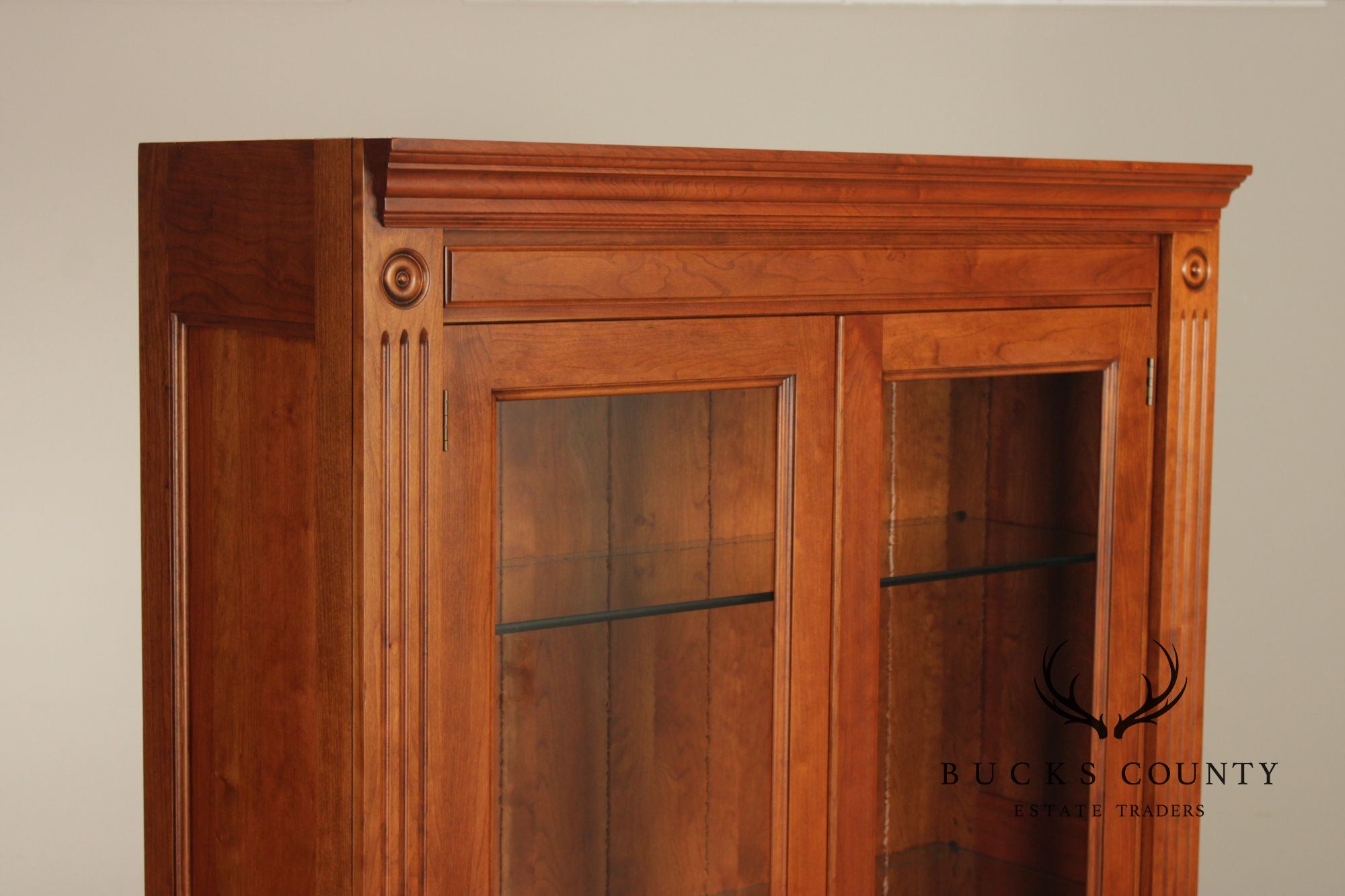Stickley Tall Cherry Traditional Lighted Glass Door Display Cabinet