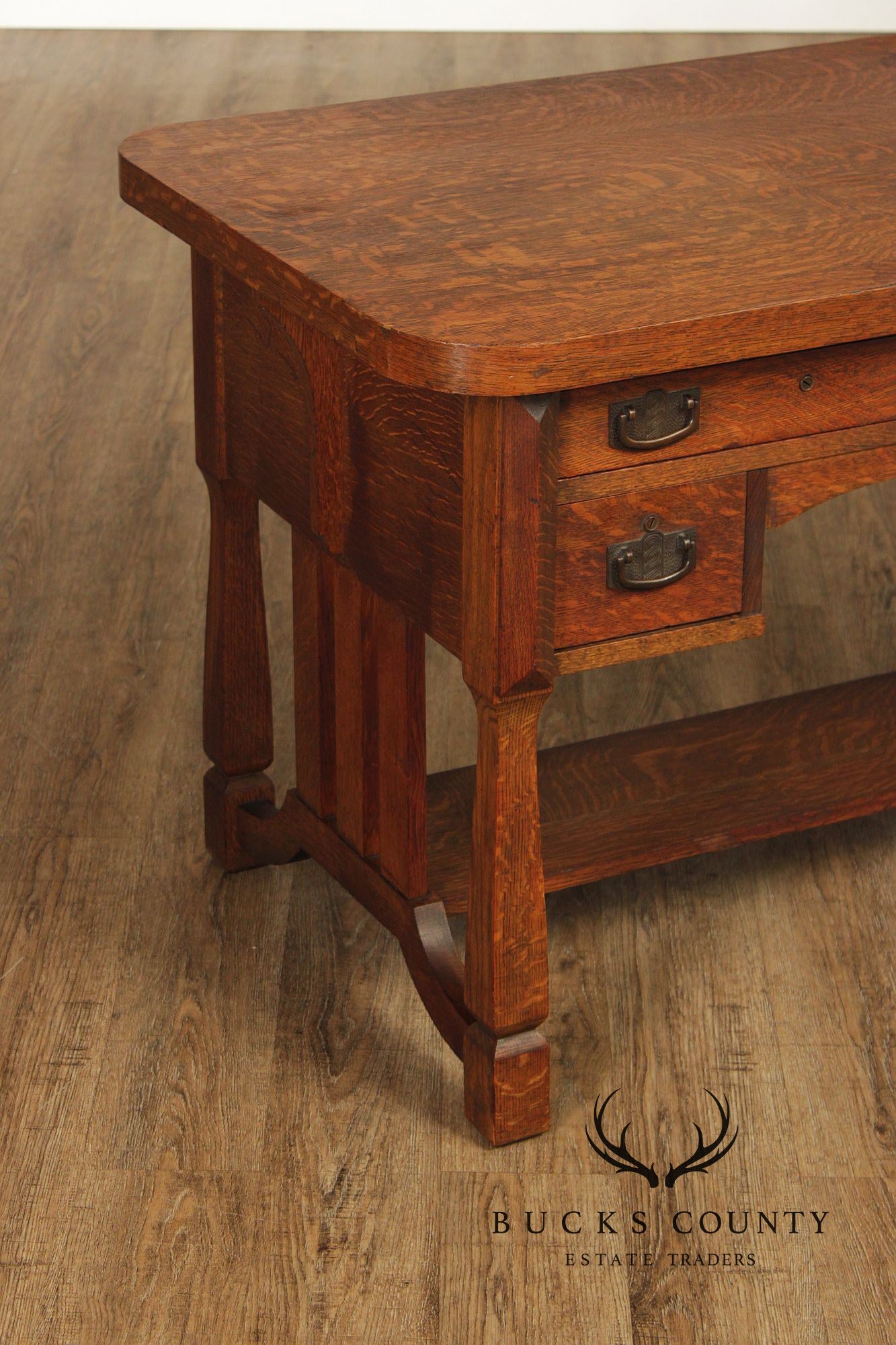 Antique Mission Arts & Crafts Quarter Sawn Oak 5 Drawer Library Table Desk