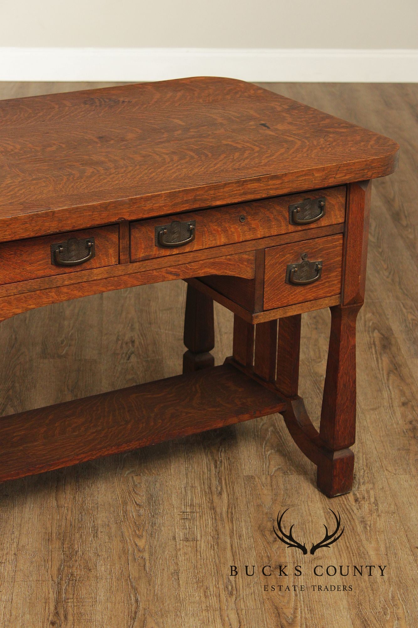 Antique Mission Arts & Crafts Quarter Sawn Oak 5 Drawer Library Table Desk