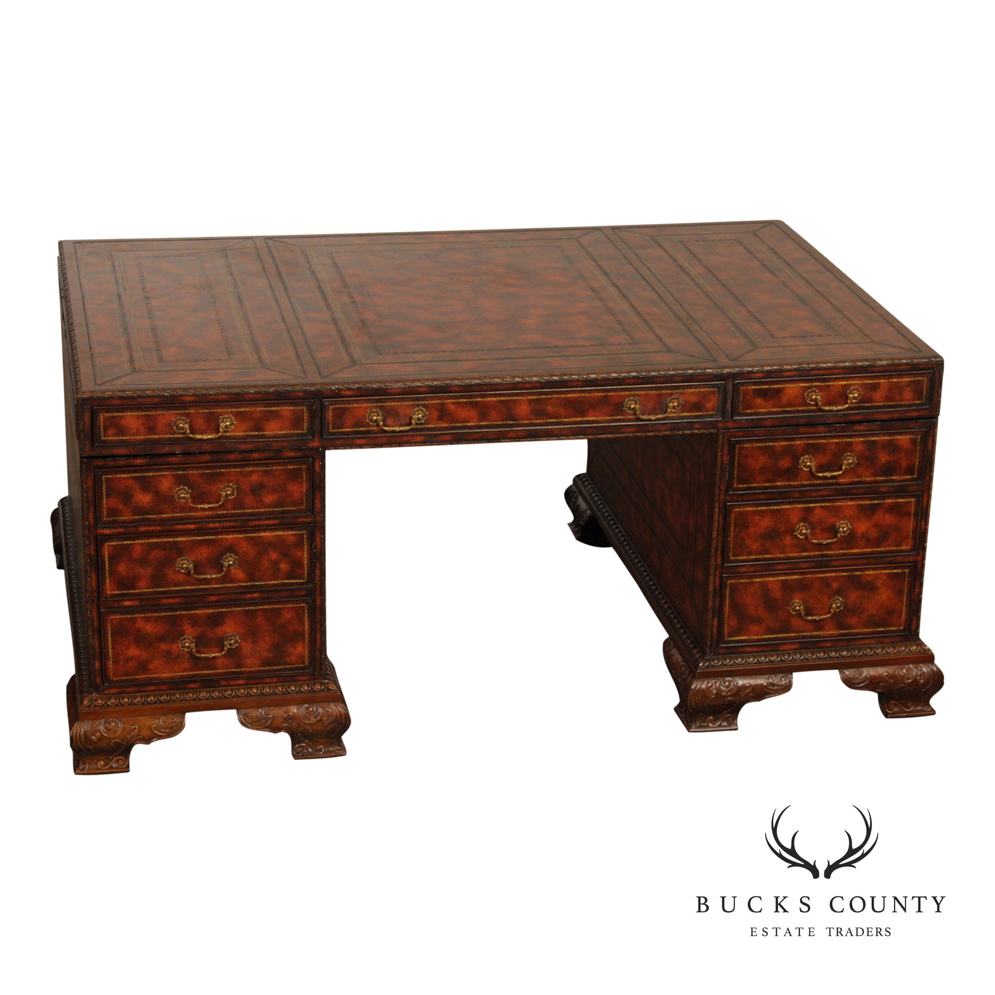 Maitland Smith Georgian Style Tooled Leather Executive Partner Desk