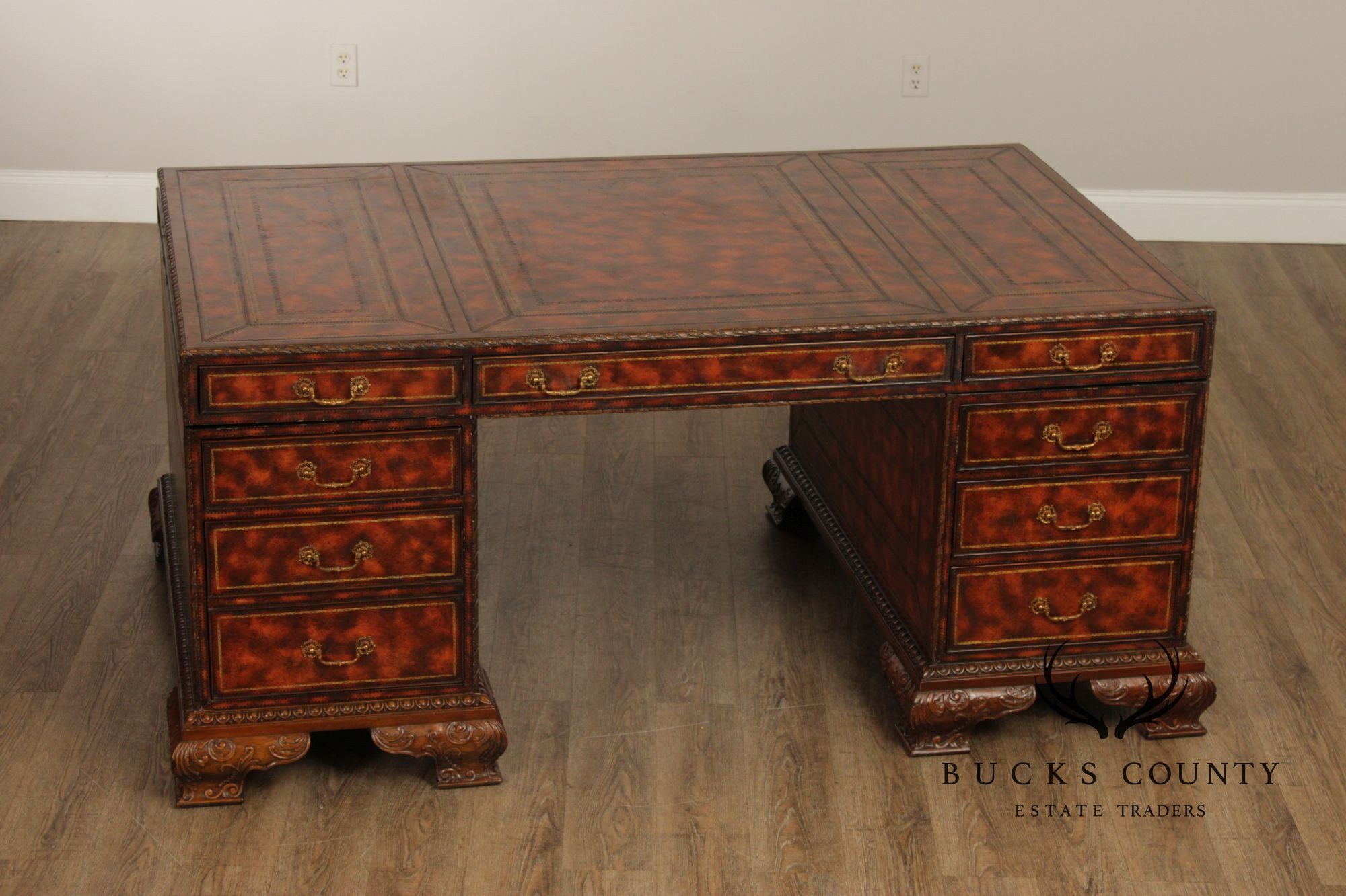 Maitland Smith Georgian Style Tooled Leather Executive Partner Desk