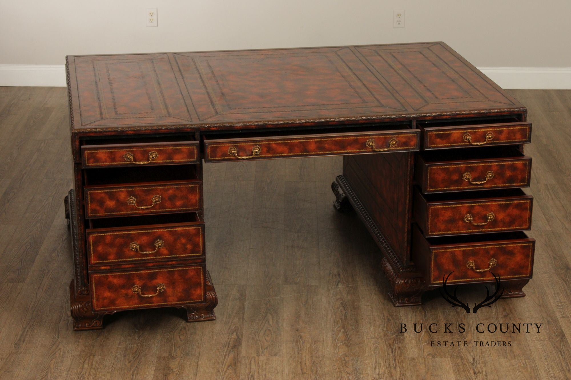Maitland Smith Georgian Style Tooled Leather Executive Partner Desk