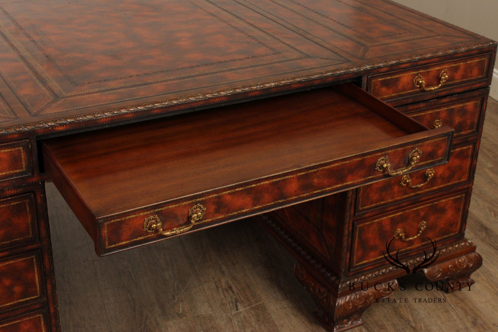 Maitland Smith Georgian Style Tooled Leather Executive Partner Desk