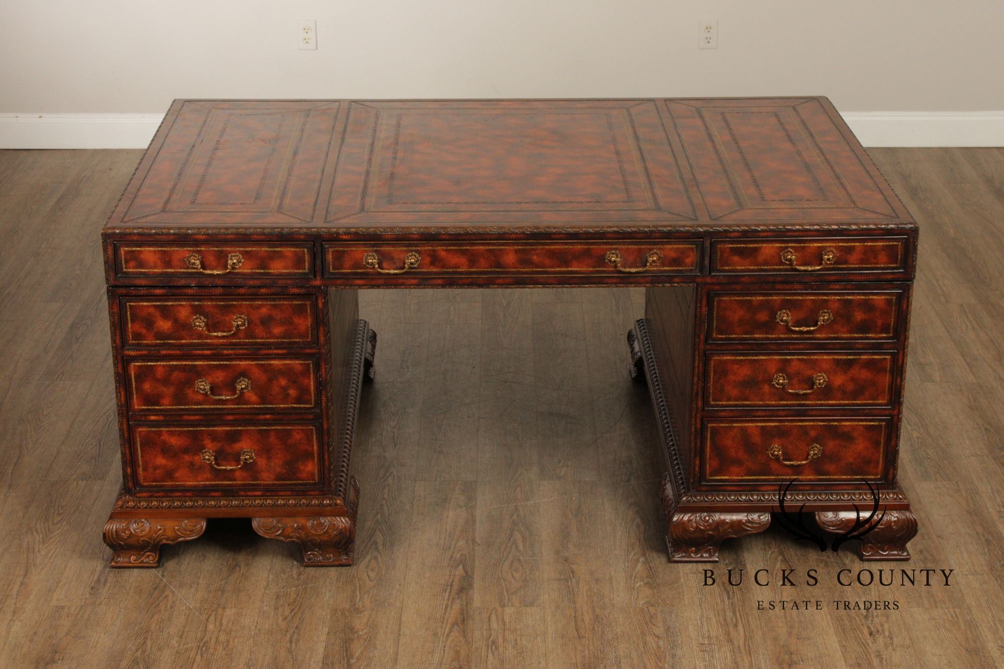 Maitland Smith Georgian Style Tooled Leather Executive Partner Desk