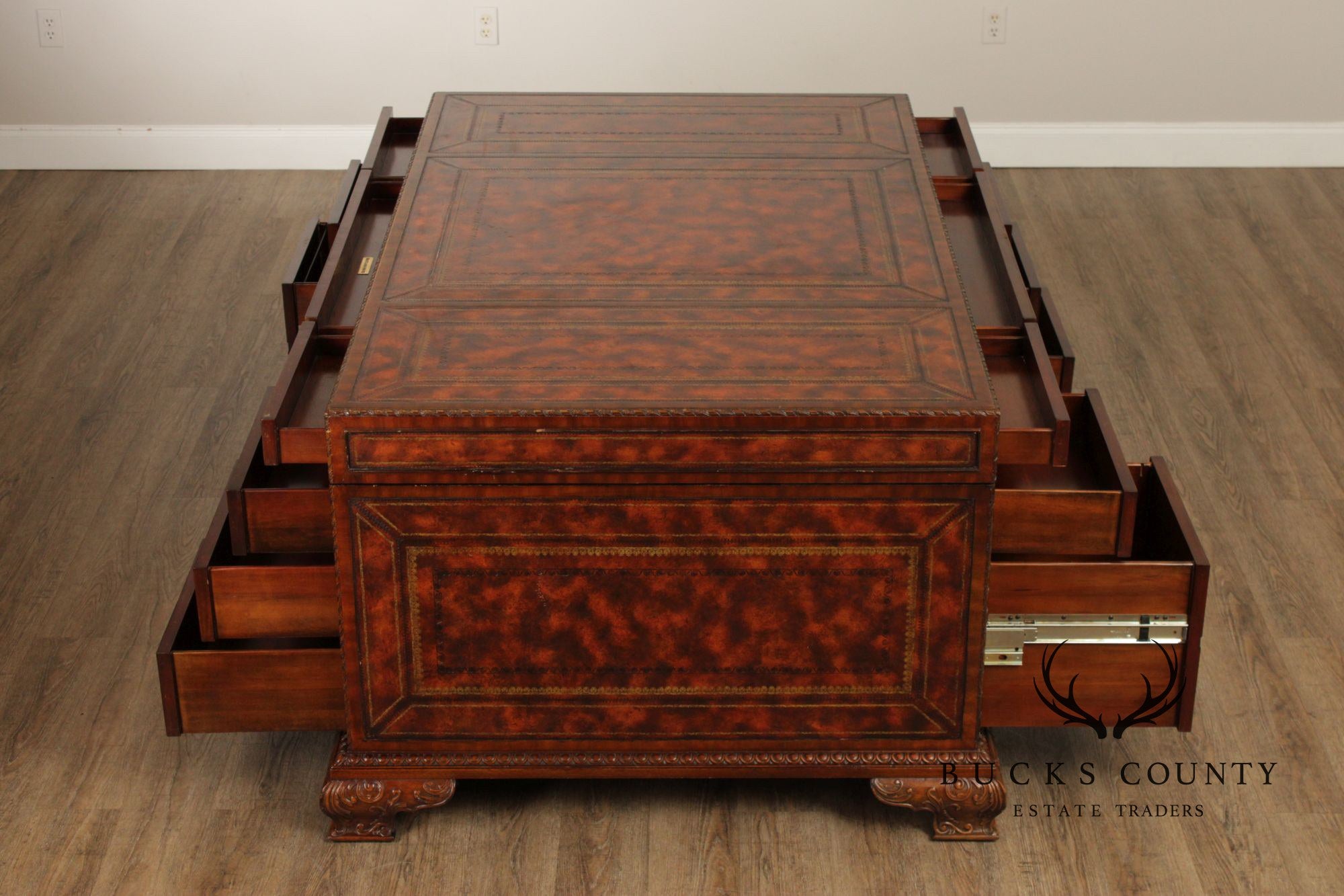 Maitland Smith Georgian Style Tooled Leather Executive Partner Desk