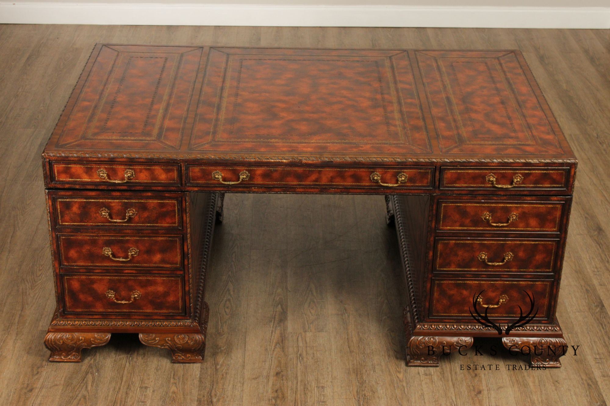 Maitland Smith Georgian Style Tooled Leather Executive Partner Desk