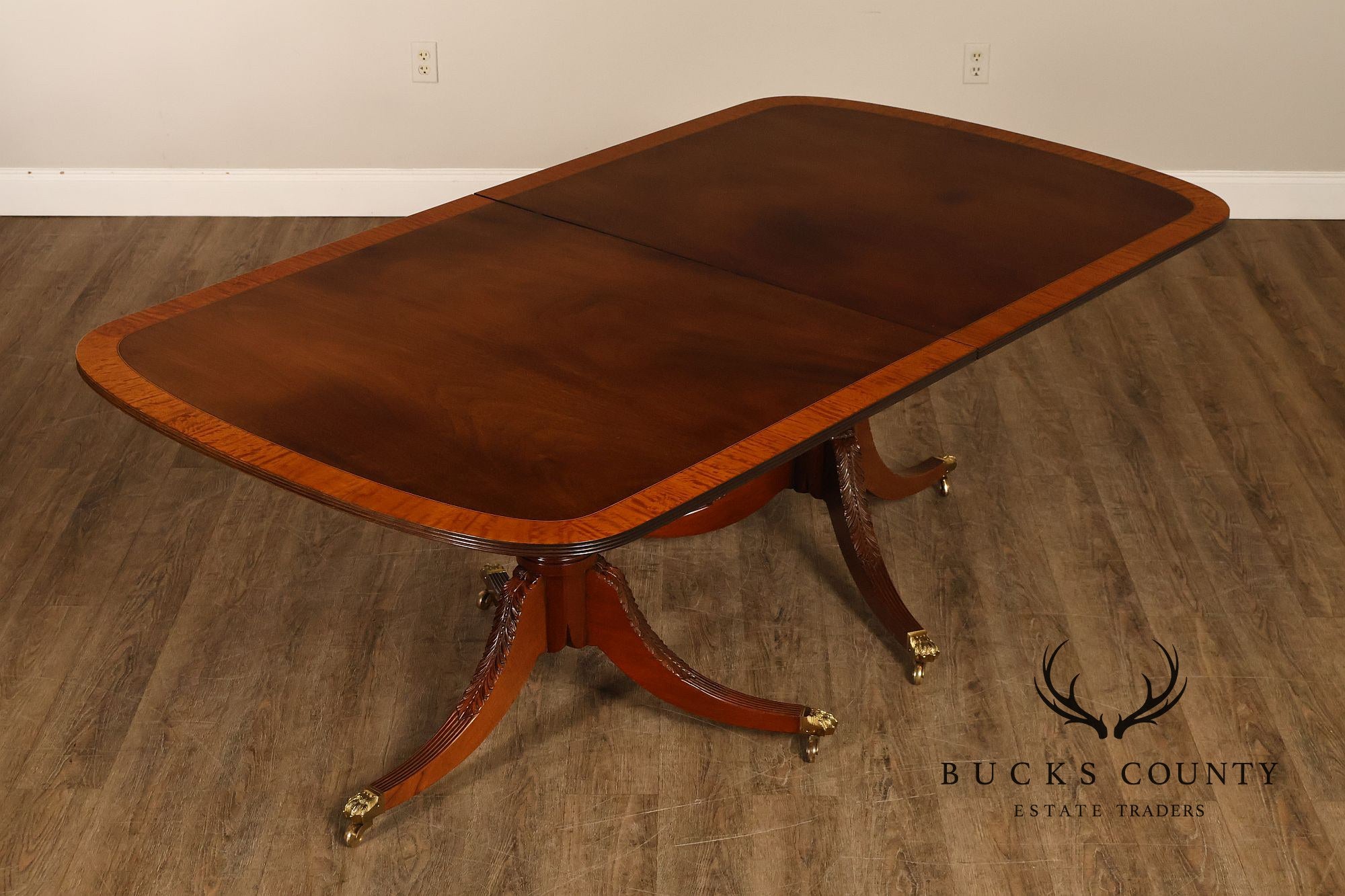 Federal Style Vintage Banded Mahogany Double Pedestal Dining Table