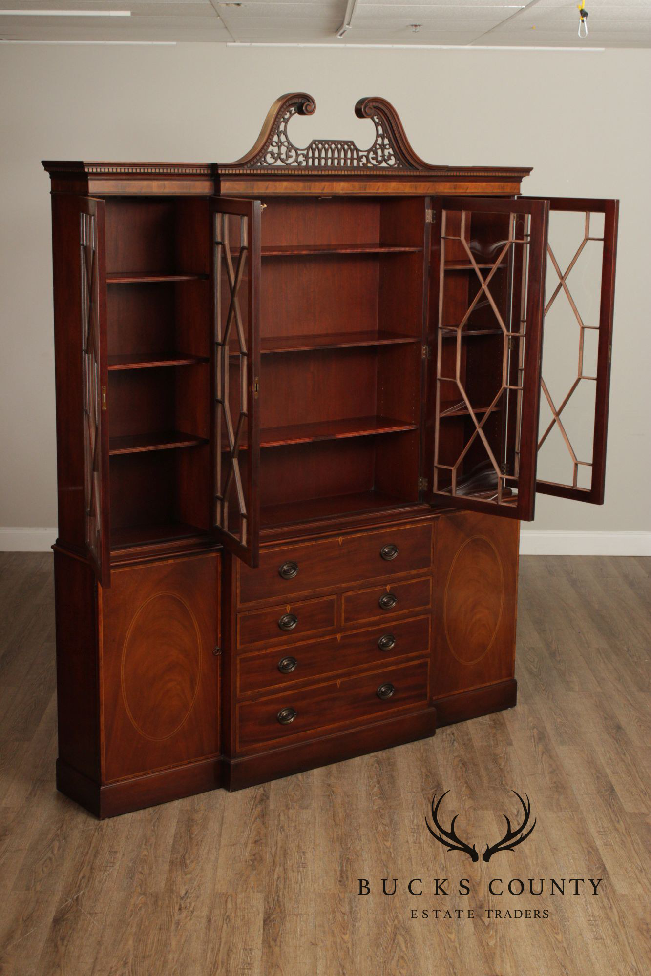 Baker Furniture Mahogany Inlaid Federal Style Breakfront Secretary Bookcase