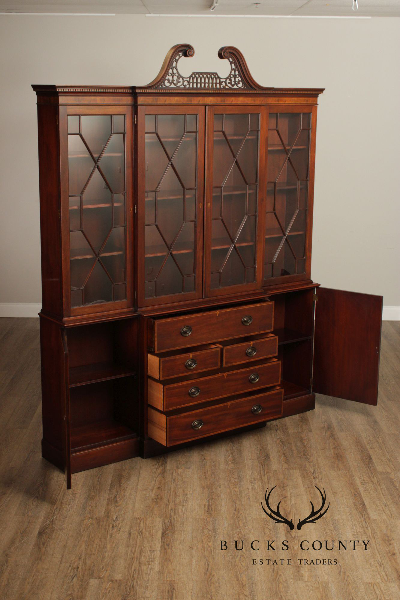 Baker Furniture Mahogany Inlaid Federal Style Breakfront Secretary Bookcase
