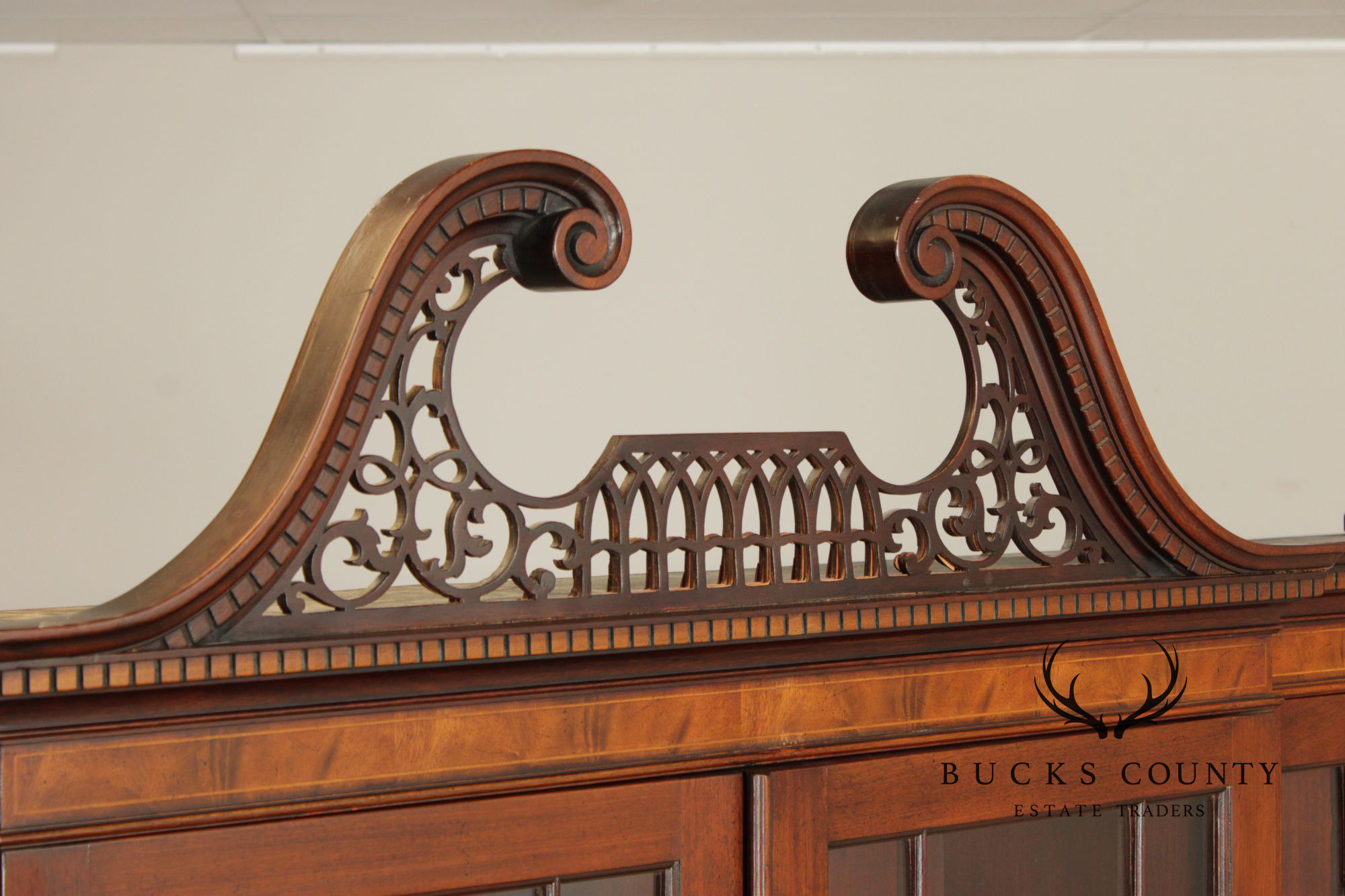 Baker Furniture Mahogany Inlaid Federal Style Breakfront Secretary Bookcase