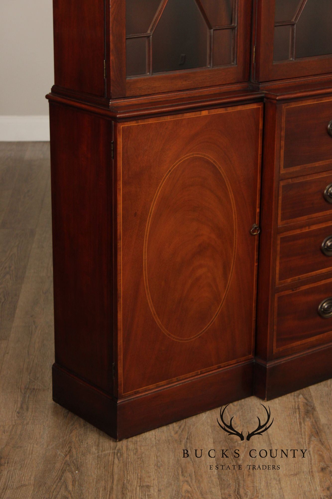 Baker Furniture Mahogany Inlaid Federal Style Breakfront Secretary Bookcase