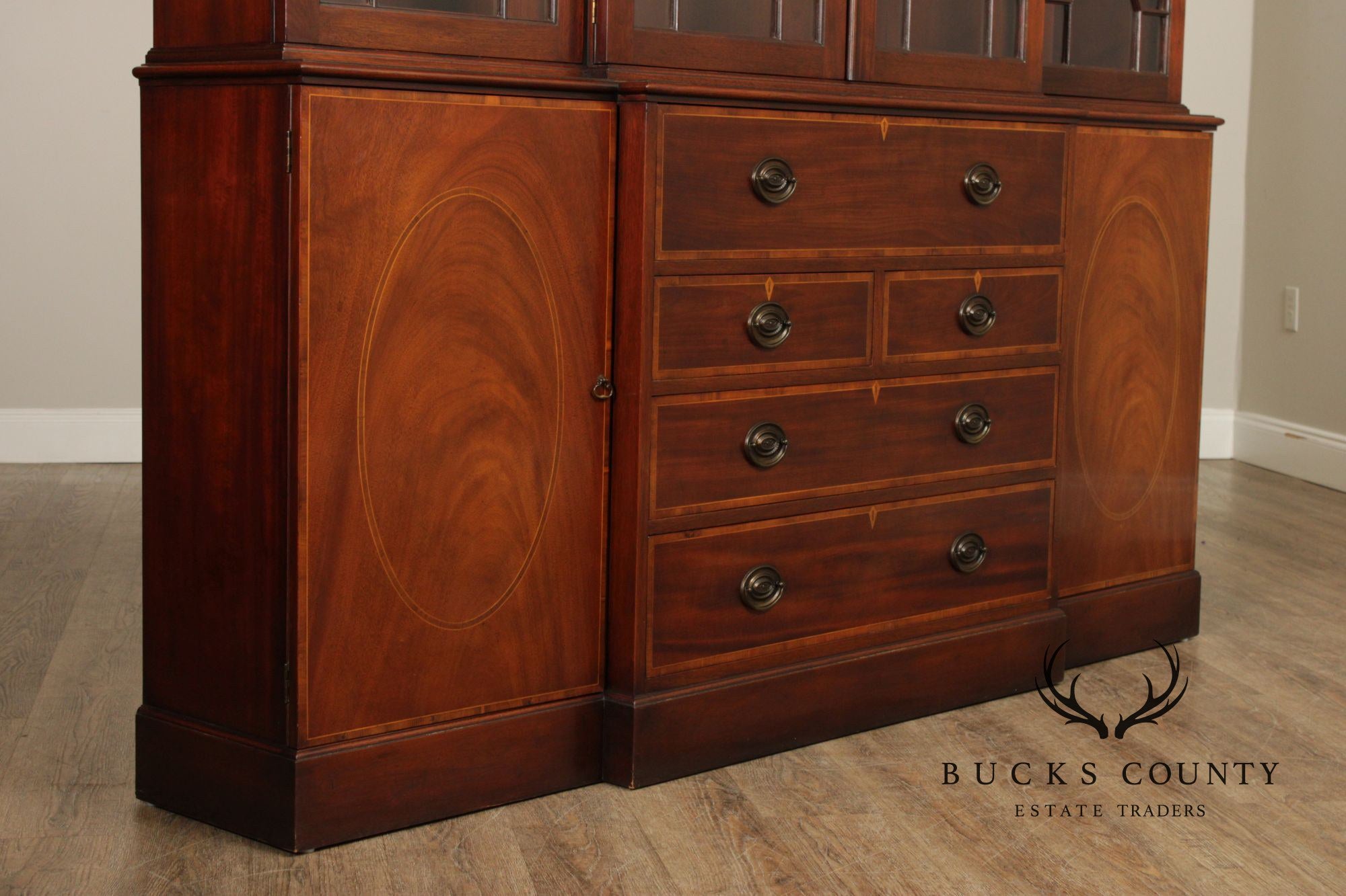 Baker Furniture Mahogany Inlaid Federal Style Breakfront Secretary Bookcase