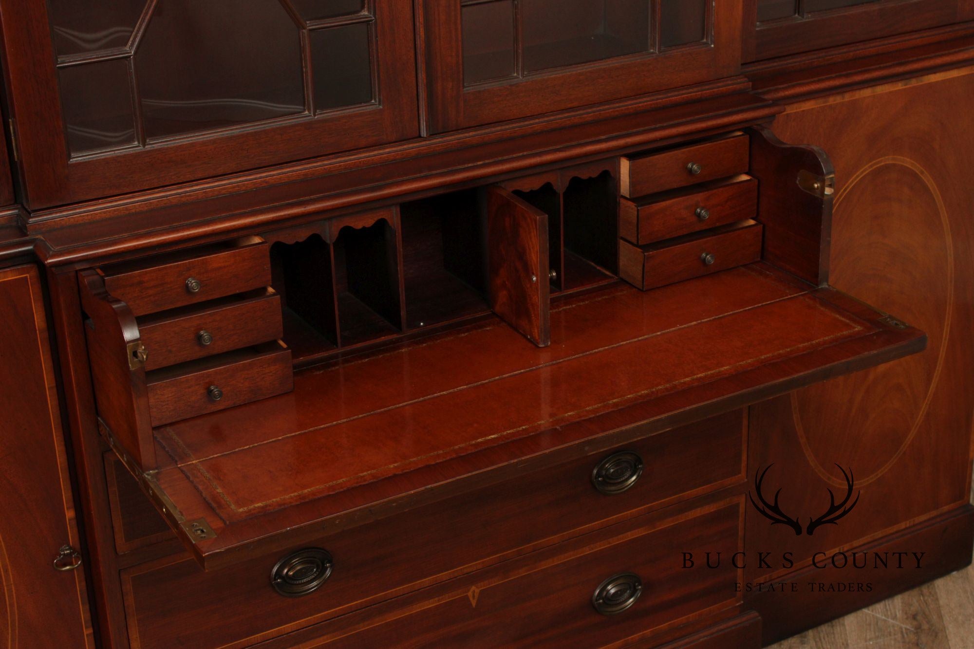 Baker Furniture Mahogany Inlaid Federal Style Breakfront Secretary Bookcase