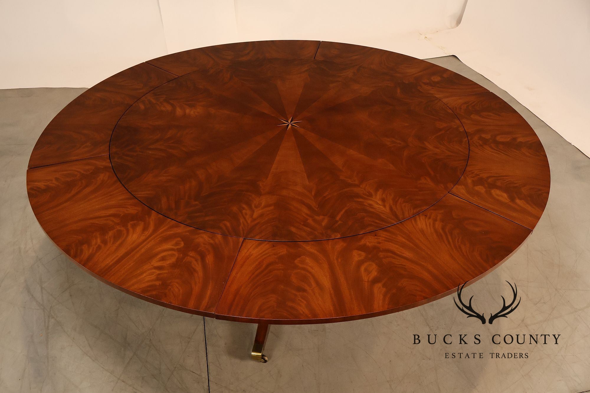 E.J. Victor Regency Style Round Inlaid Mahogany Pedestal Dining Table