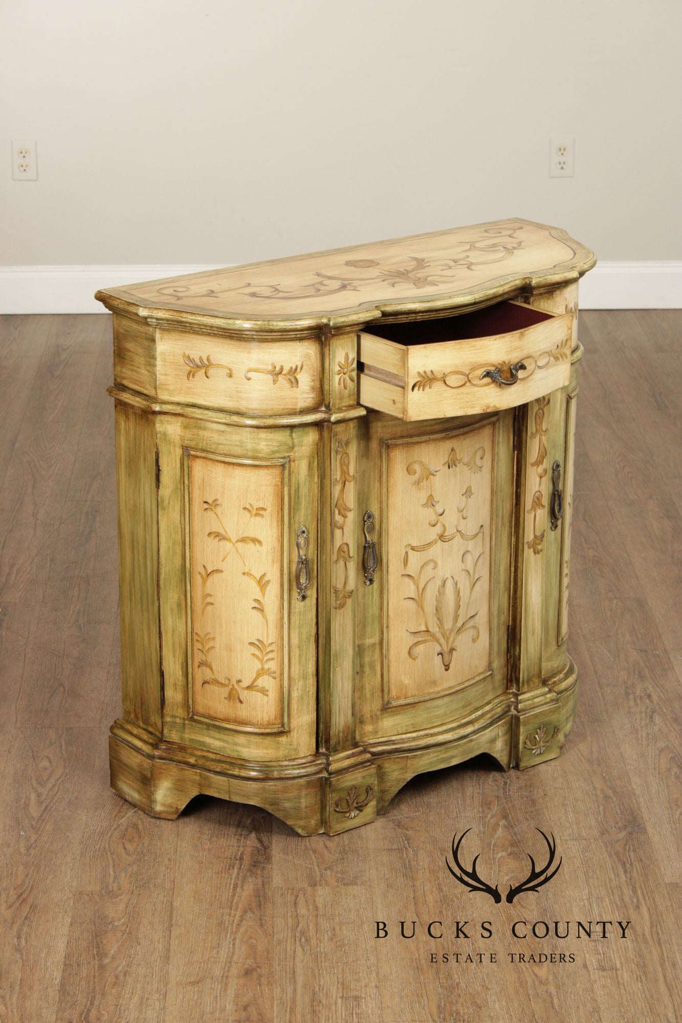 Hand Painted Continental Style Demilune Cabinet With Floral Motif