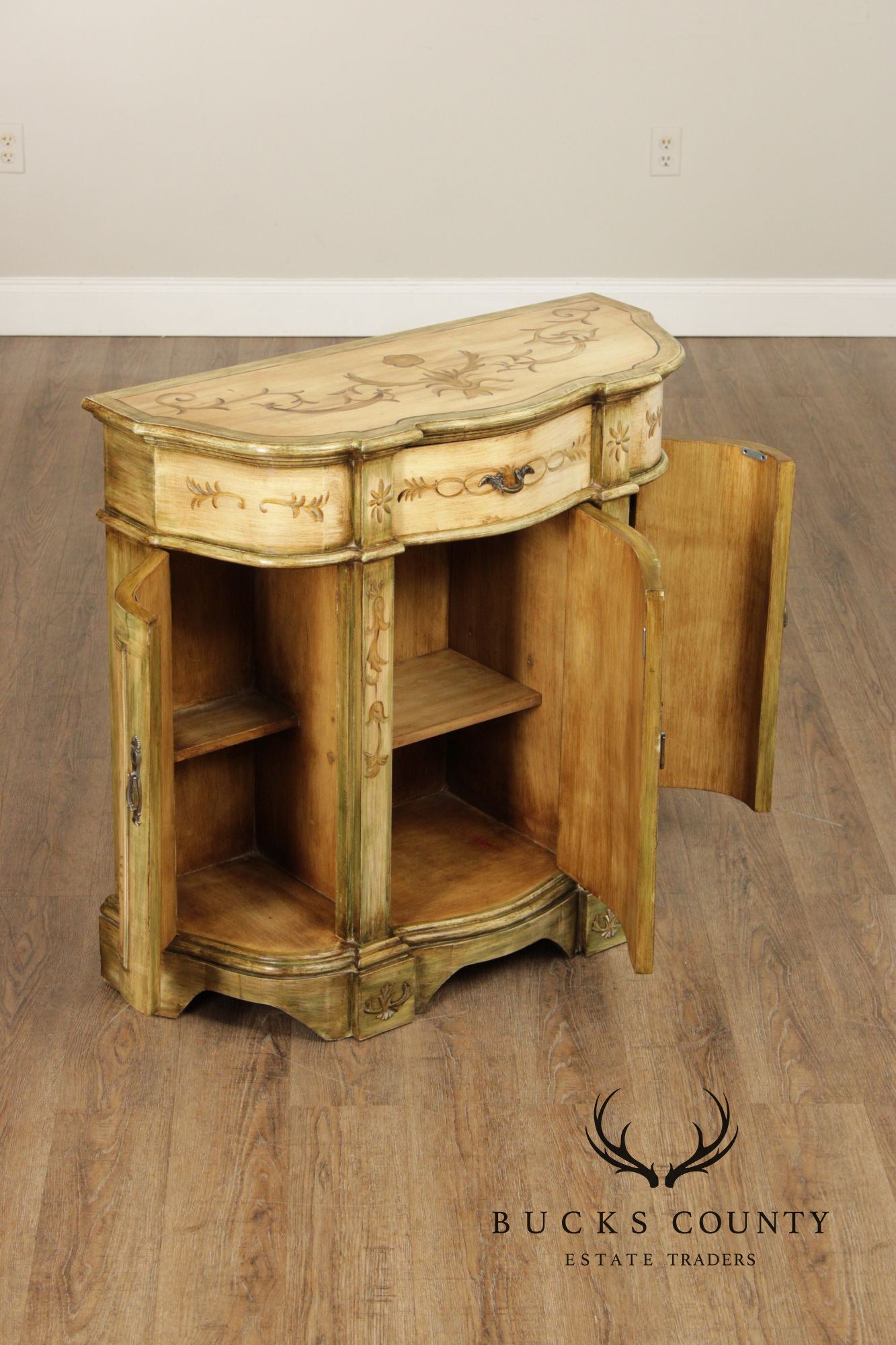 Hand Painted Continental Style Demilune Cabinet With Floral Motif