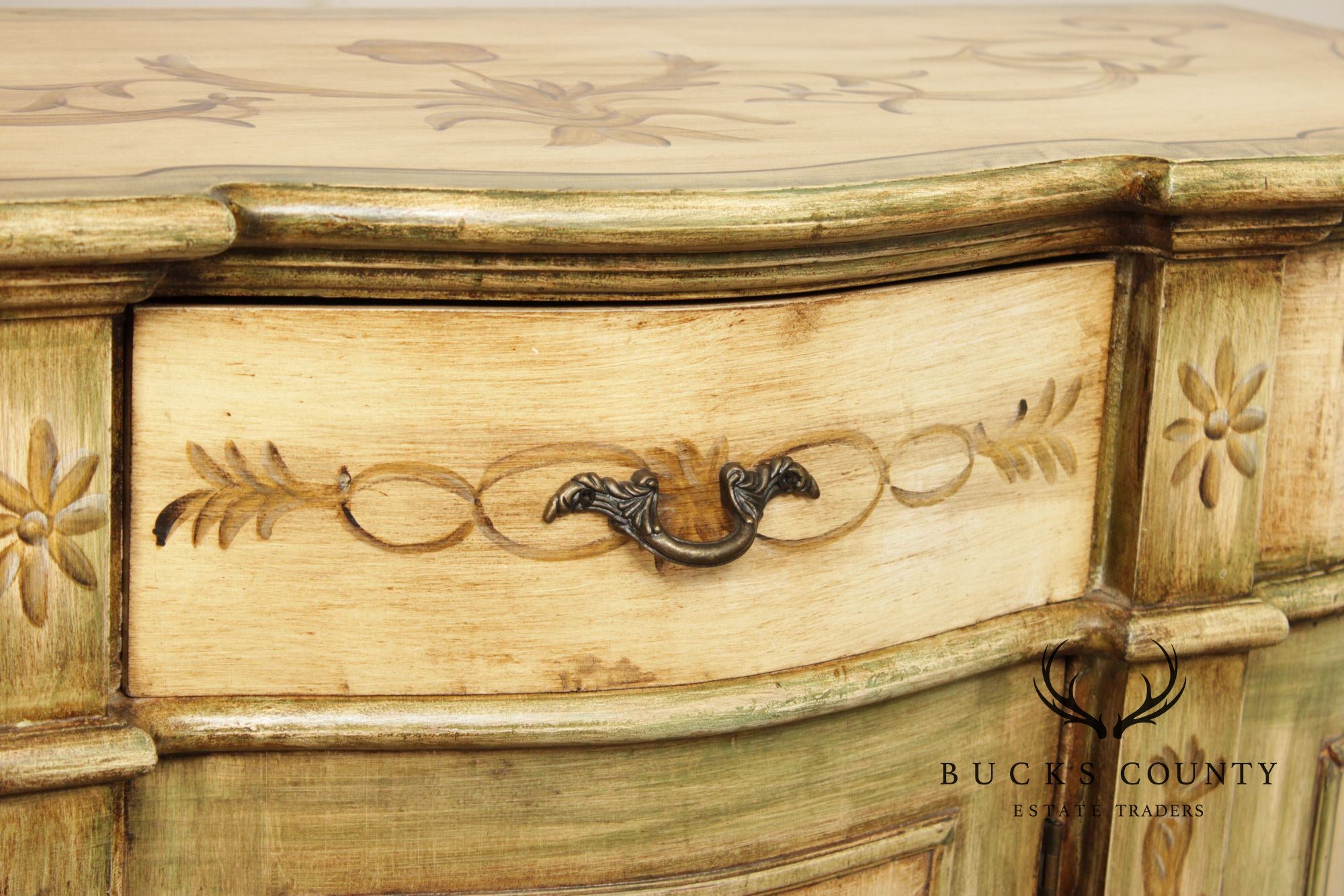 Hand Painted Continental Style Demilune Cabinet With Floral Motif