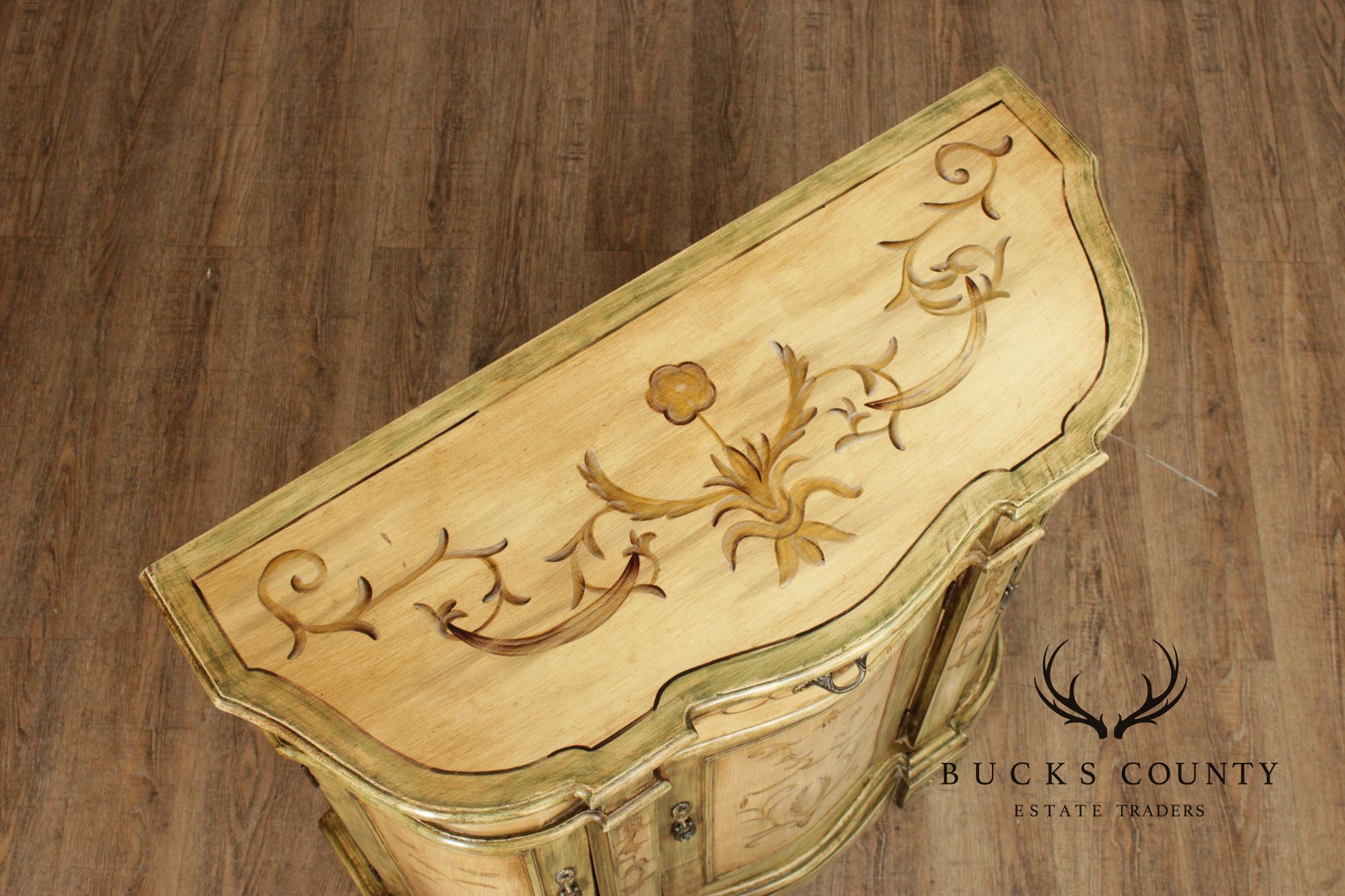 Hand Painted Continental Style Demilune Cabinet With Floral Motif