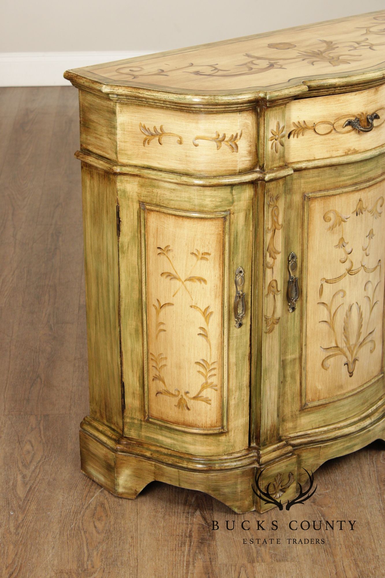 Hand Painted Continental Style Demilune Cabinet With Floral Motif