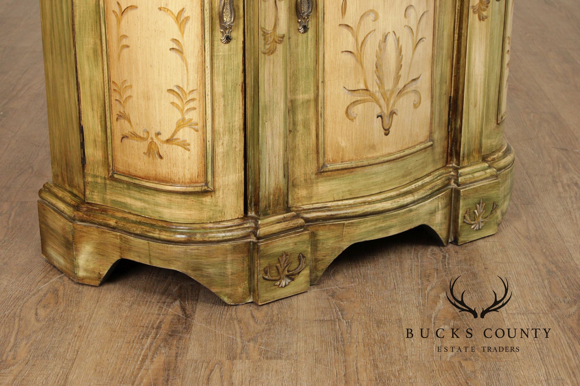 Hand Painted Continental Style Demilune Cabinet With Floral Motif
