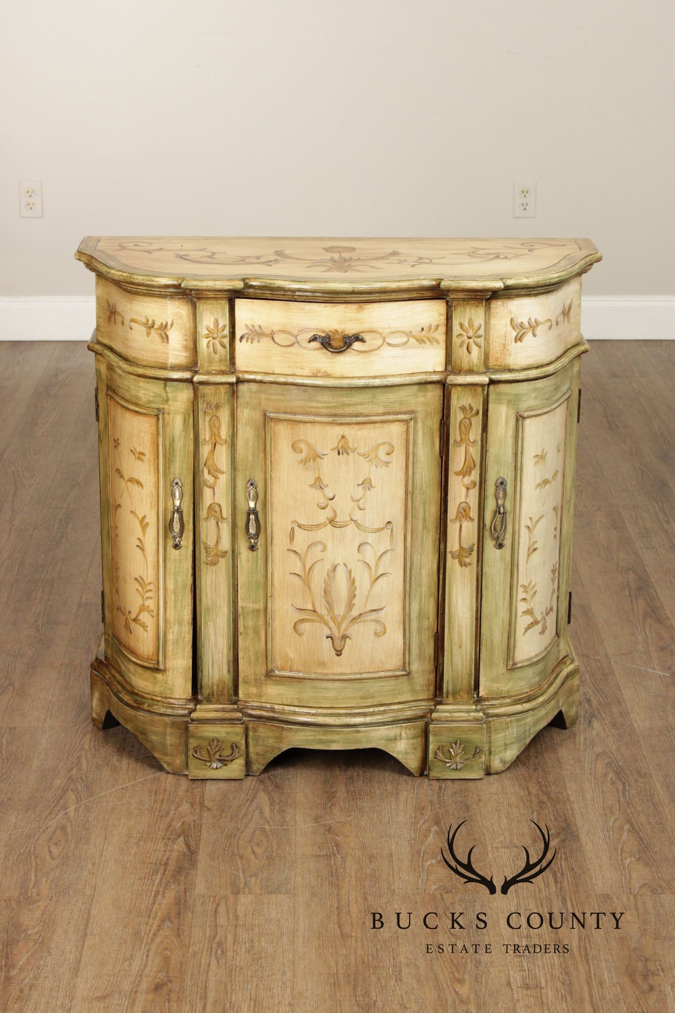 Hand Painted Continental Style Demilune Cabinet With Floral Motif