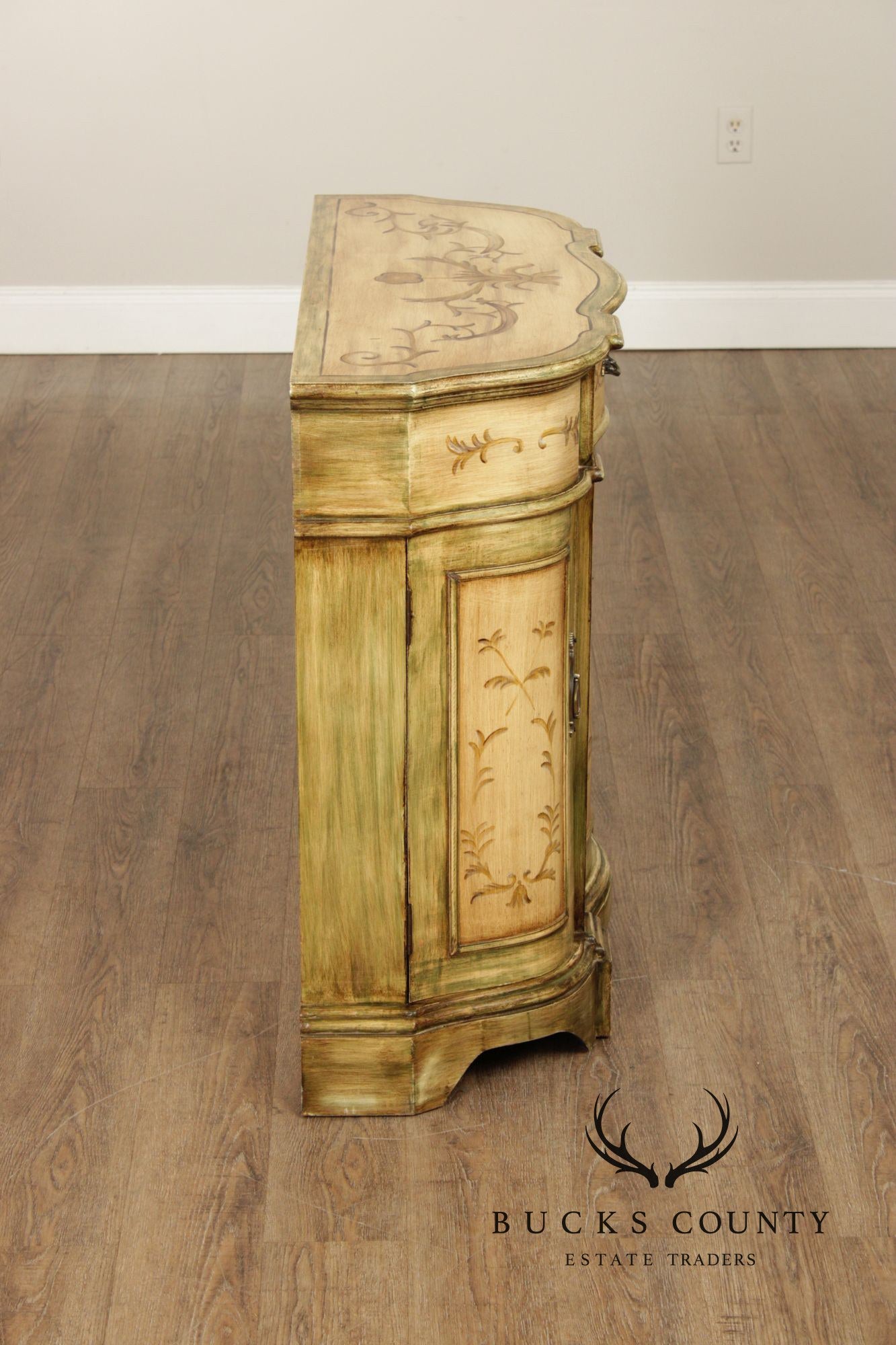 Hand Painted Continental Style Demilune Cabinet With Floral Motif