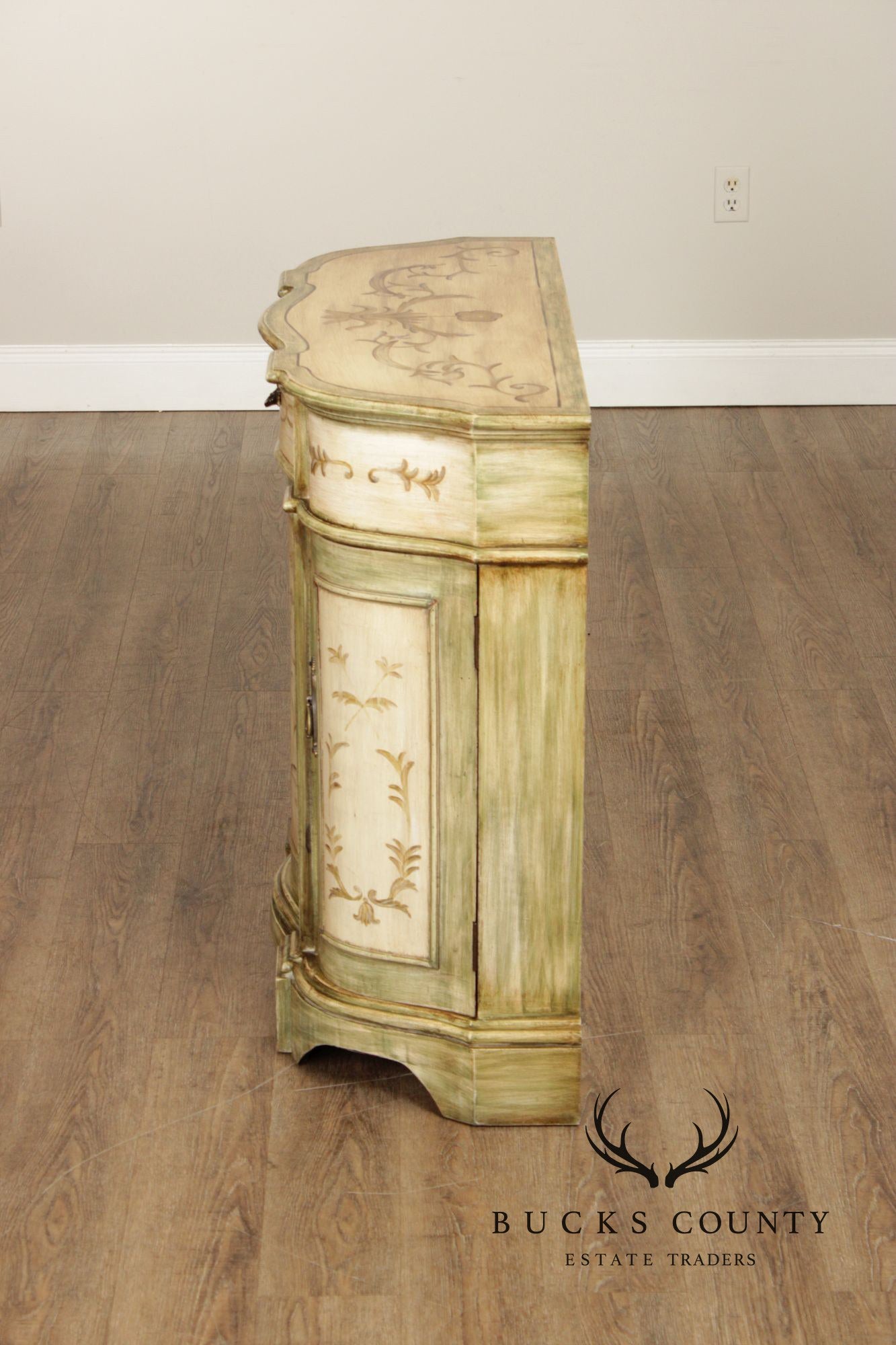 Hand Painted Continental Style Demilune Cabinet With Floral Motif