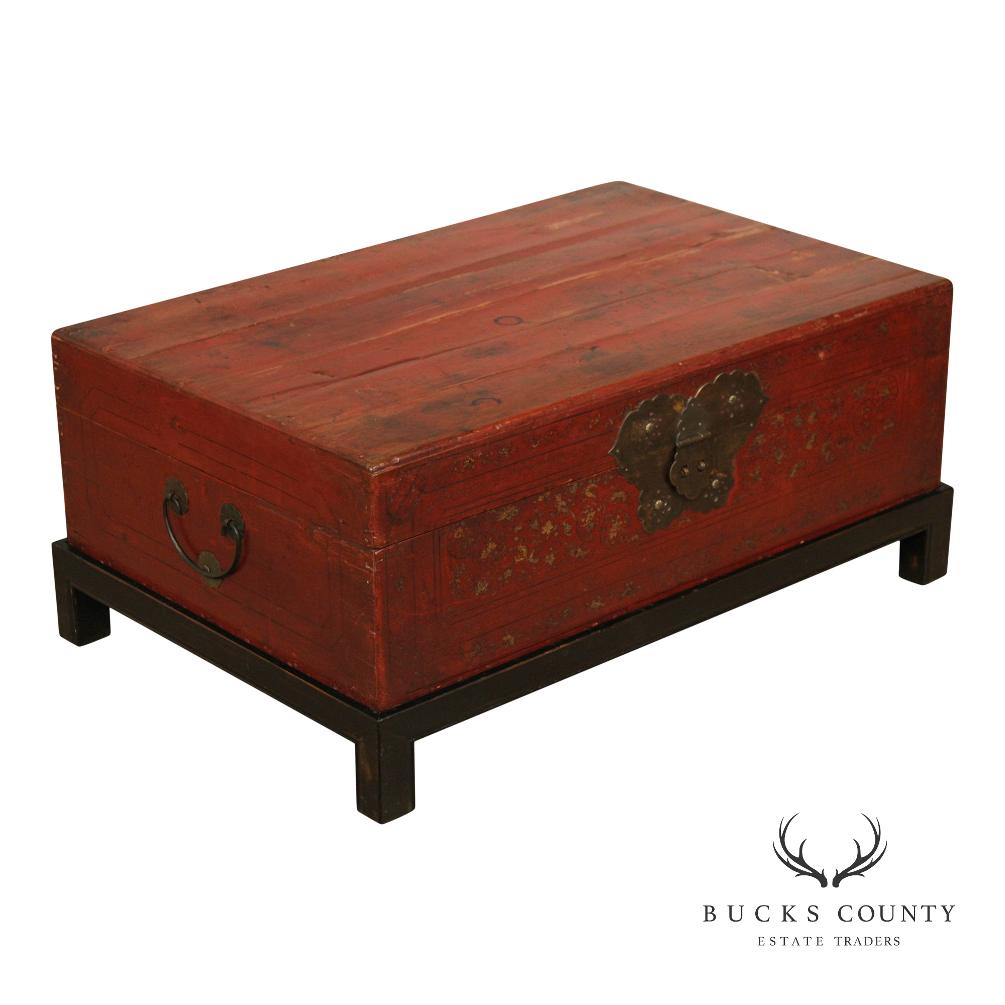 Chinese Export Style Red Lacquered Trunk With Brass Hardware On Custom Black Stand, Coffee Table
