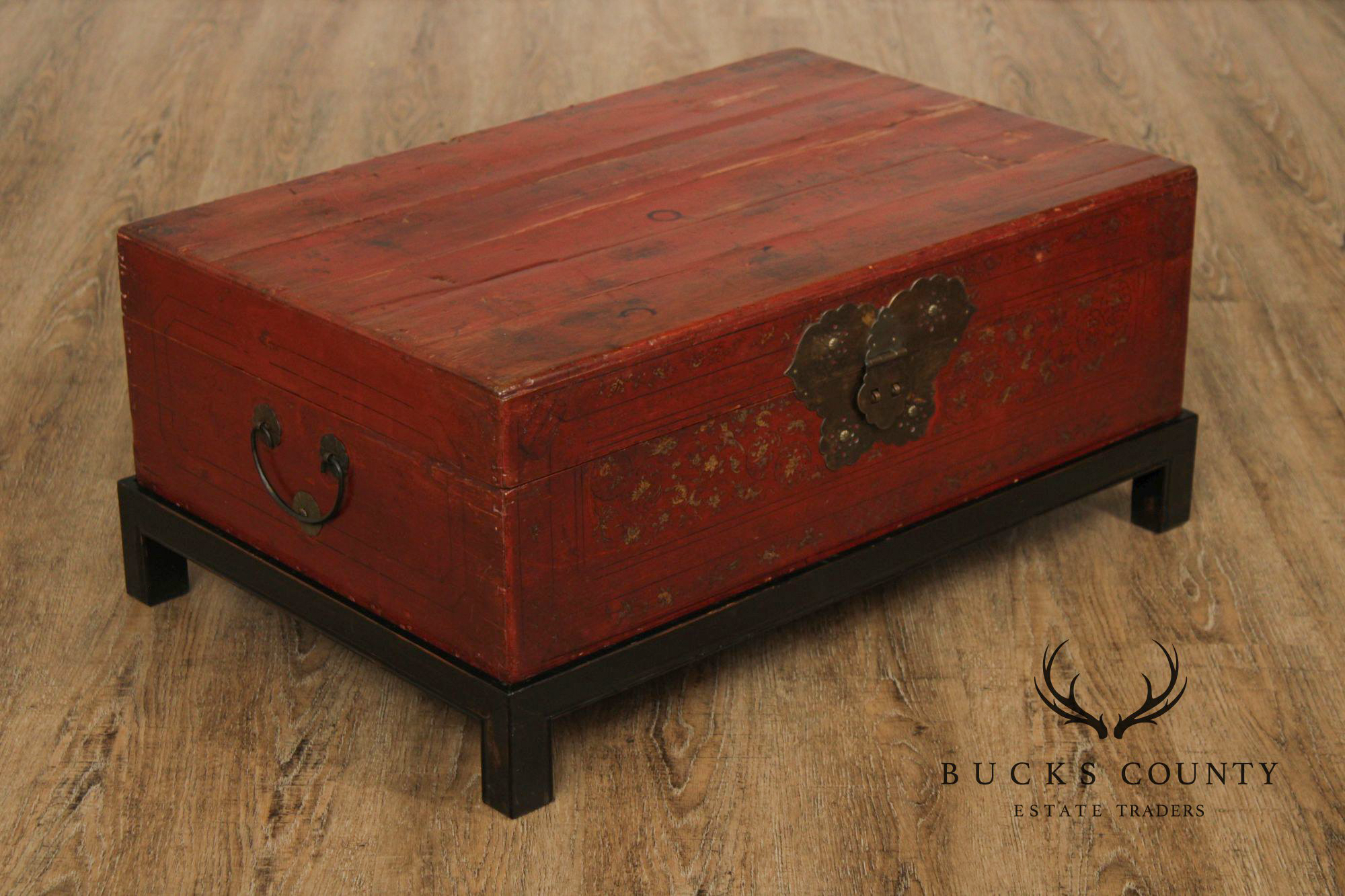 Chinese Export Style Red Lacquered Trunk With Brass Hardware On Custom Black Stand, Coffee Table