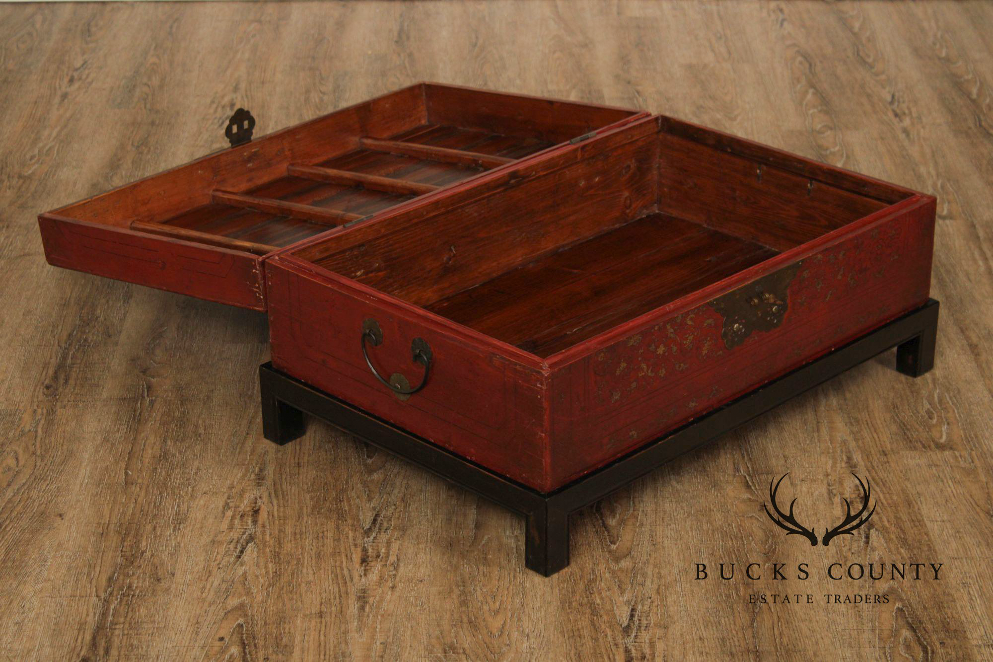 Chinese Export Style Red Lacquered Trunk With Brass Hardware On Custom Black Stand, Coffee Table