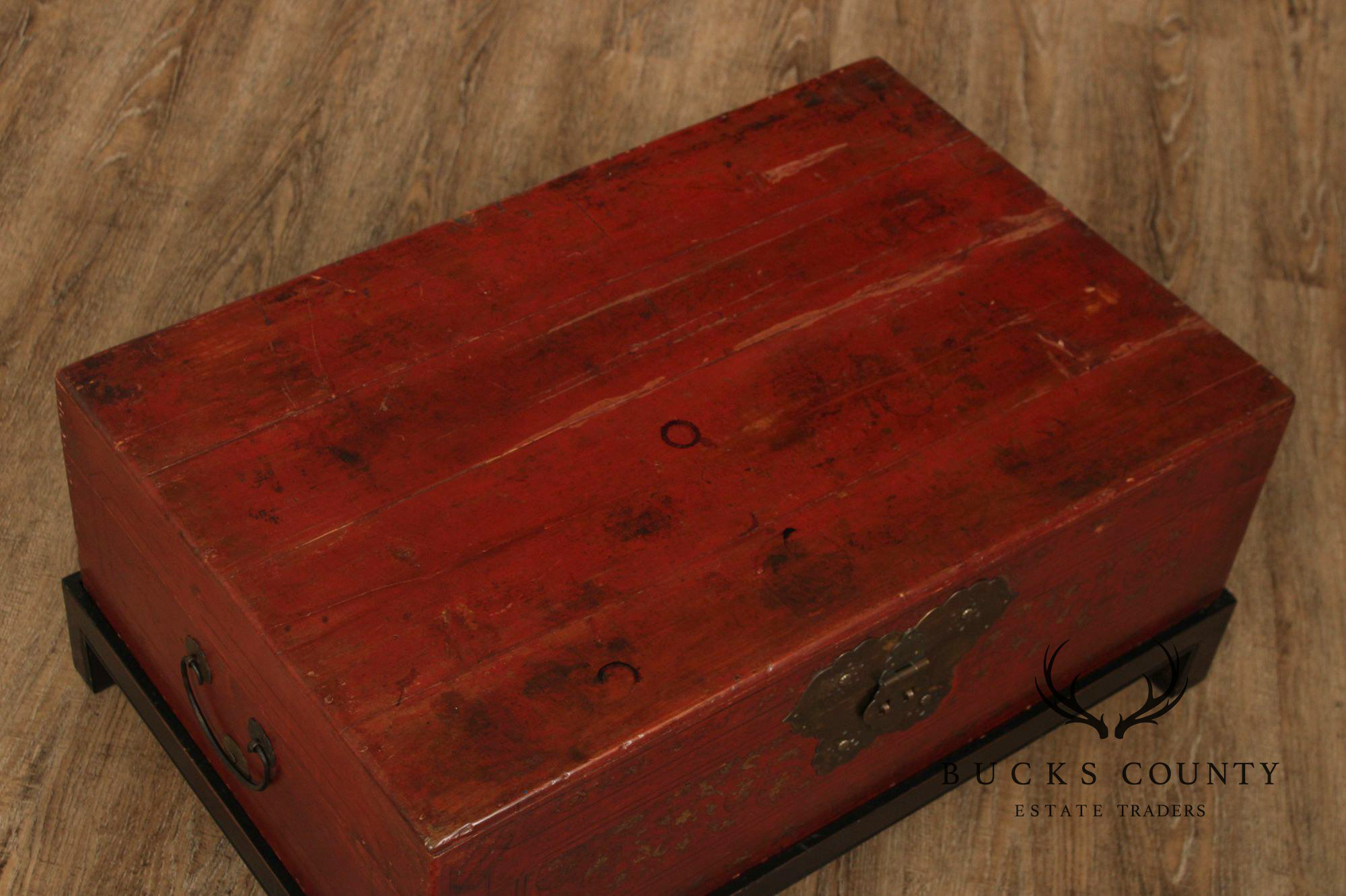 Chinese Export Style Red Lacquered Trunk With Brass Hardware On Custom Black Stand, Coffee Table