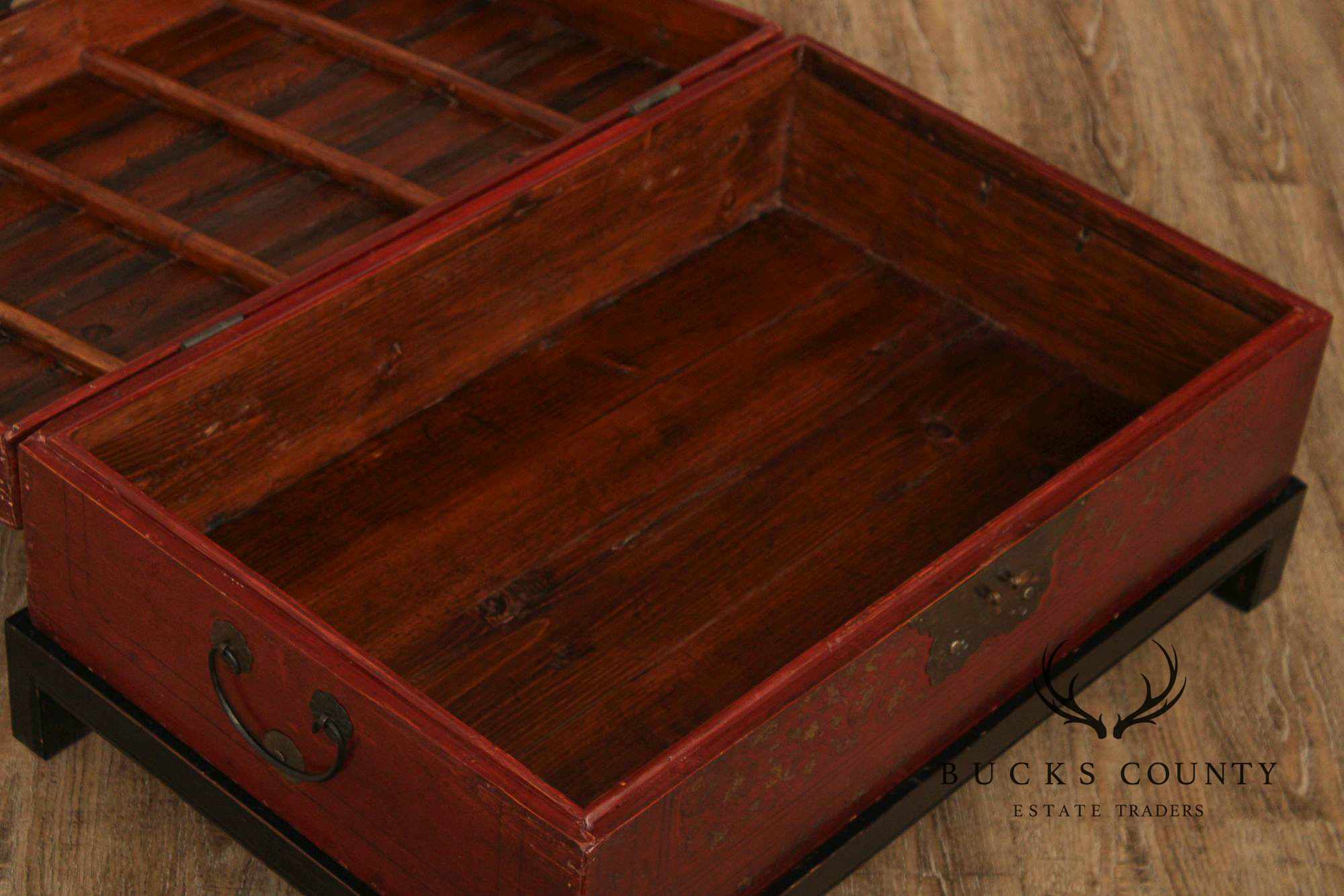 Chinese Export Style Red Lacquered Trunk With Brass Hardware On Custom Black Stand, Coffee Table