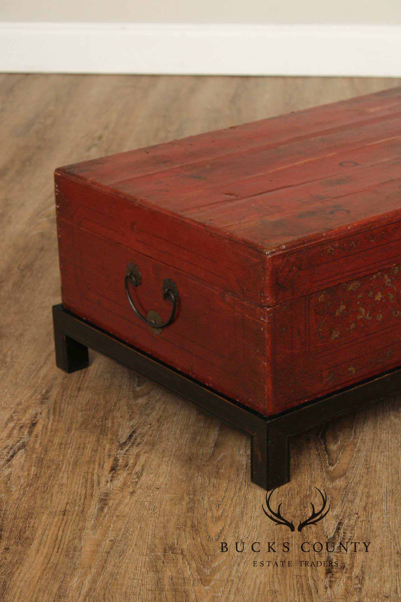 Chinese Export Style Red Lacquered Trunk With Brass Hardware On Custom Black Stand, Coffee Table