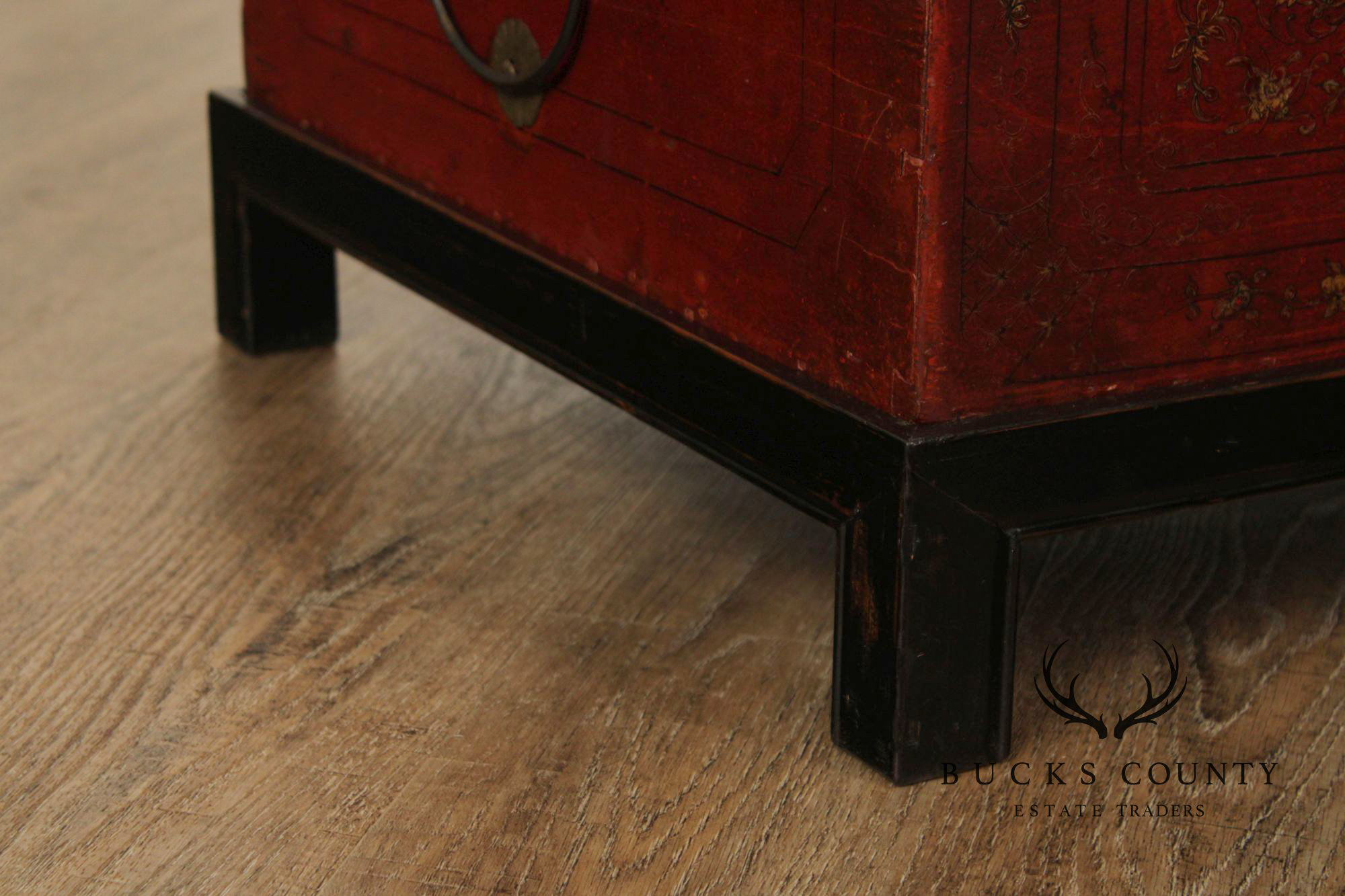 Chinese Export Style Red Lacquered Trunk With Brass Hardware On Custom Black Stand, Coffee Table