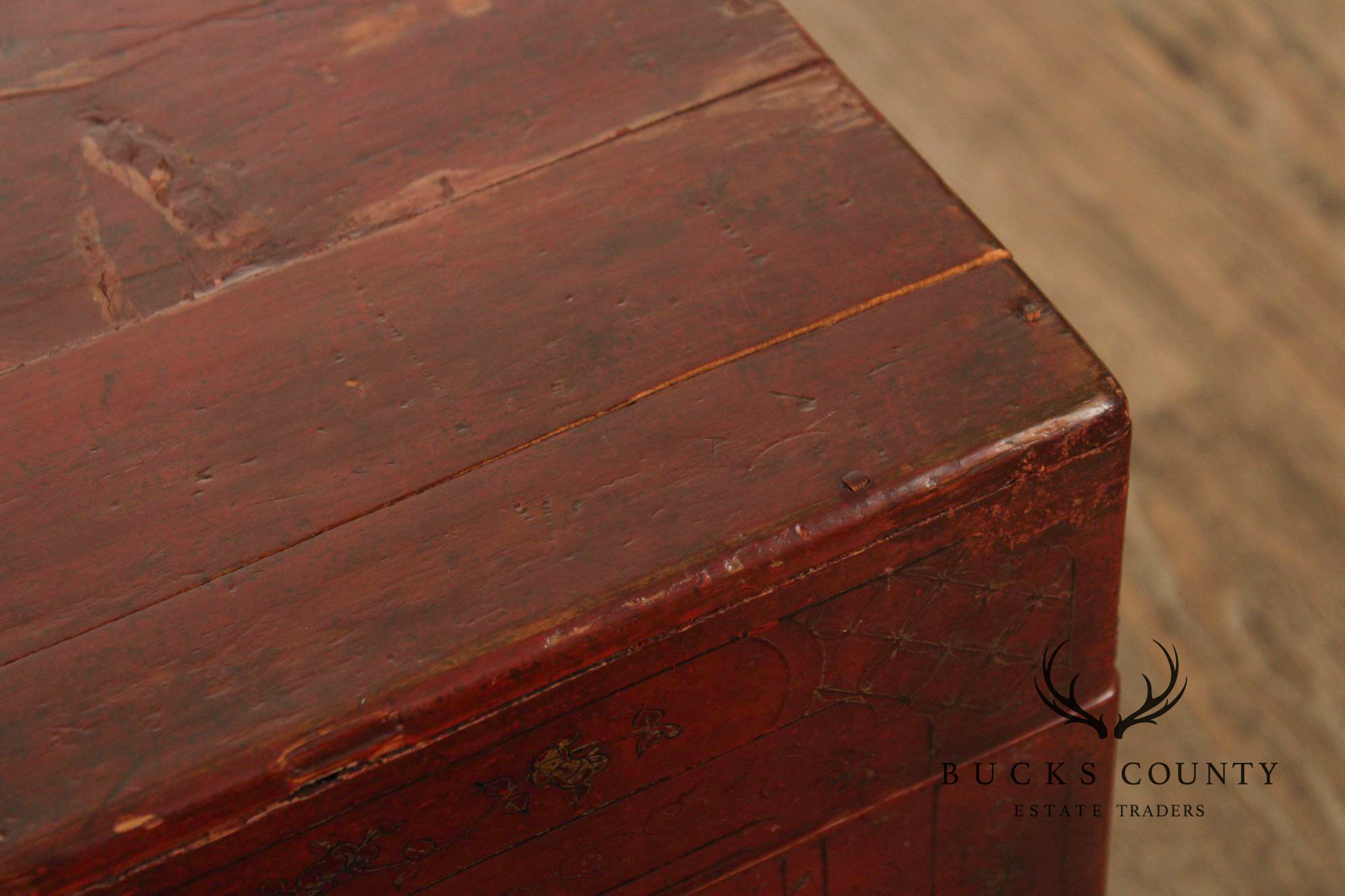 Chinese Export Style Red Lacquered Trunk With Brass Hardware On Custom Black Stand, Coffee Table