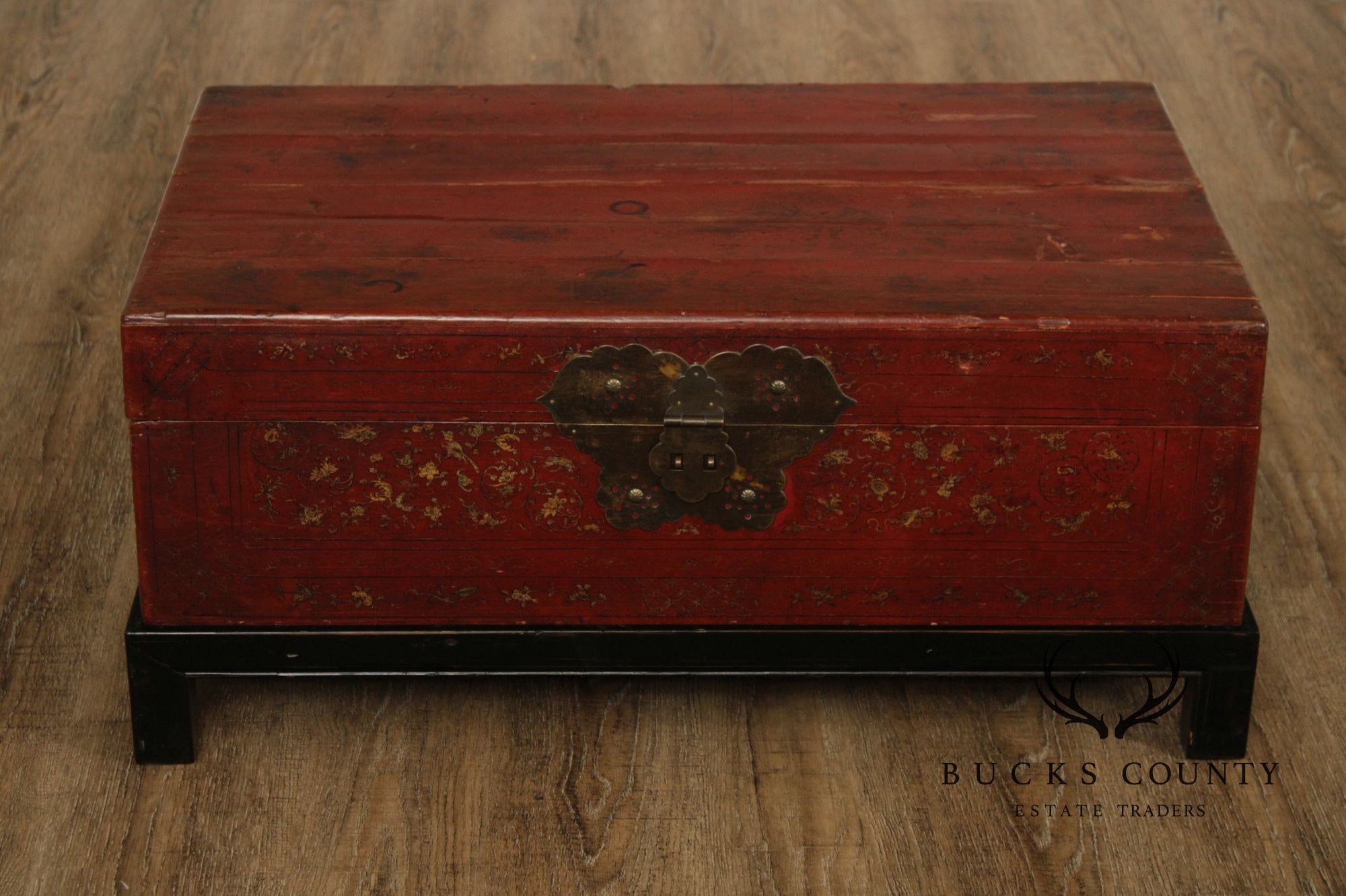 Chinese Export Style Red Lacquered Trunk With Brass Hardware On Custom Black Stand, Coffee Table