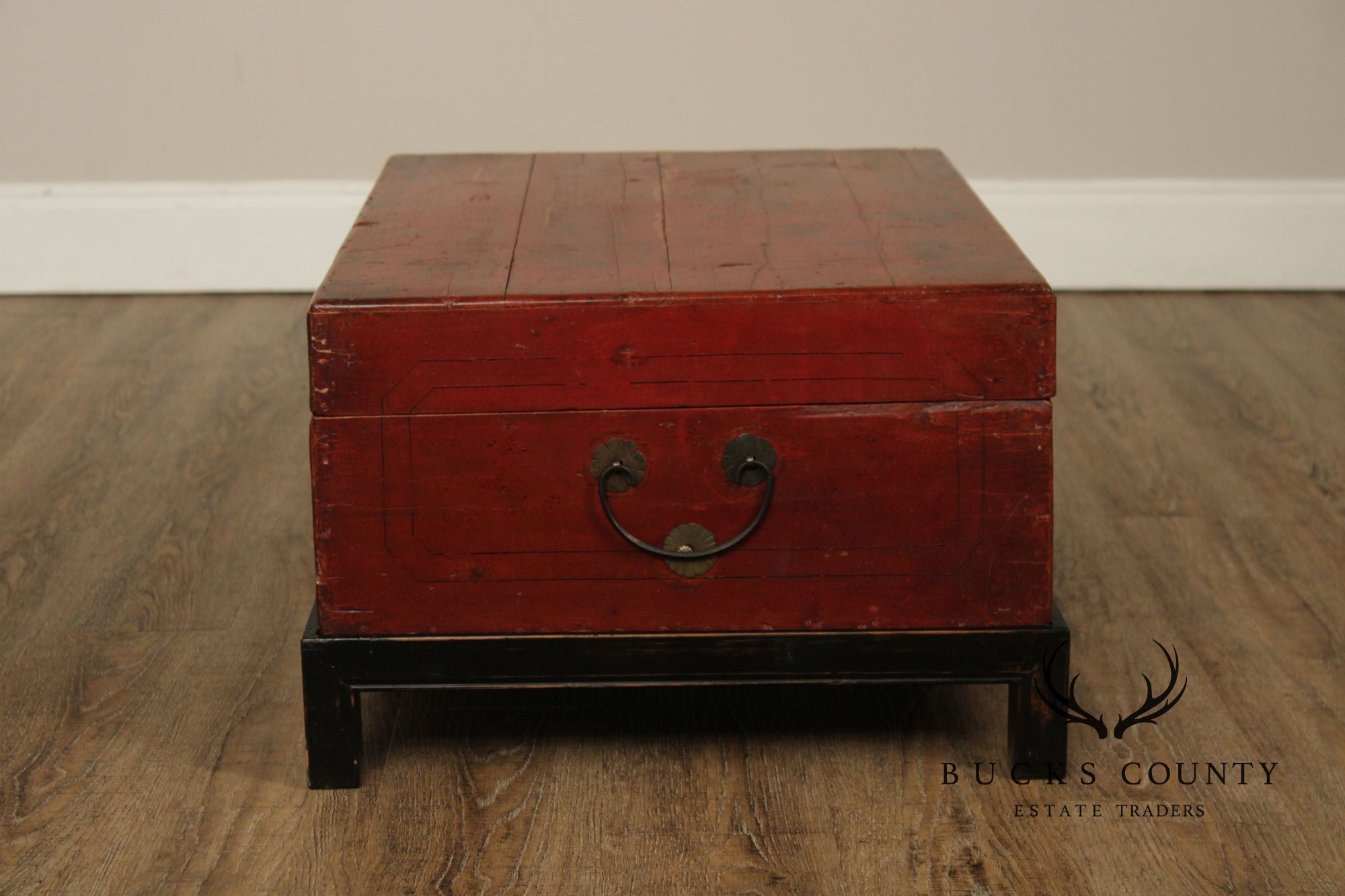Chinese Export Style Red Lacquered Trunk With Brass Hardware On Custom Black Stand, Coffee Table