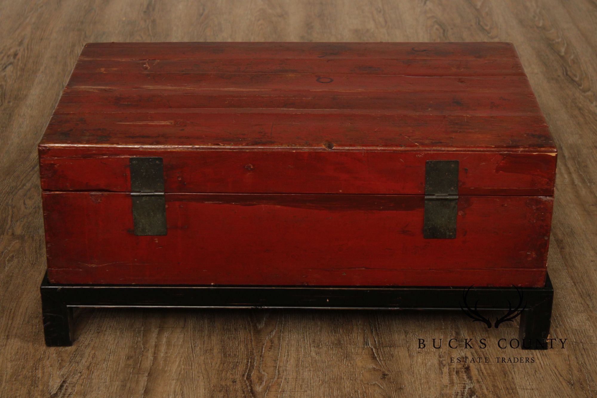 Chinese Export Style Red Lacquered Trunk With Brass Hardware On Custom Black Stand, Coffee Table