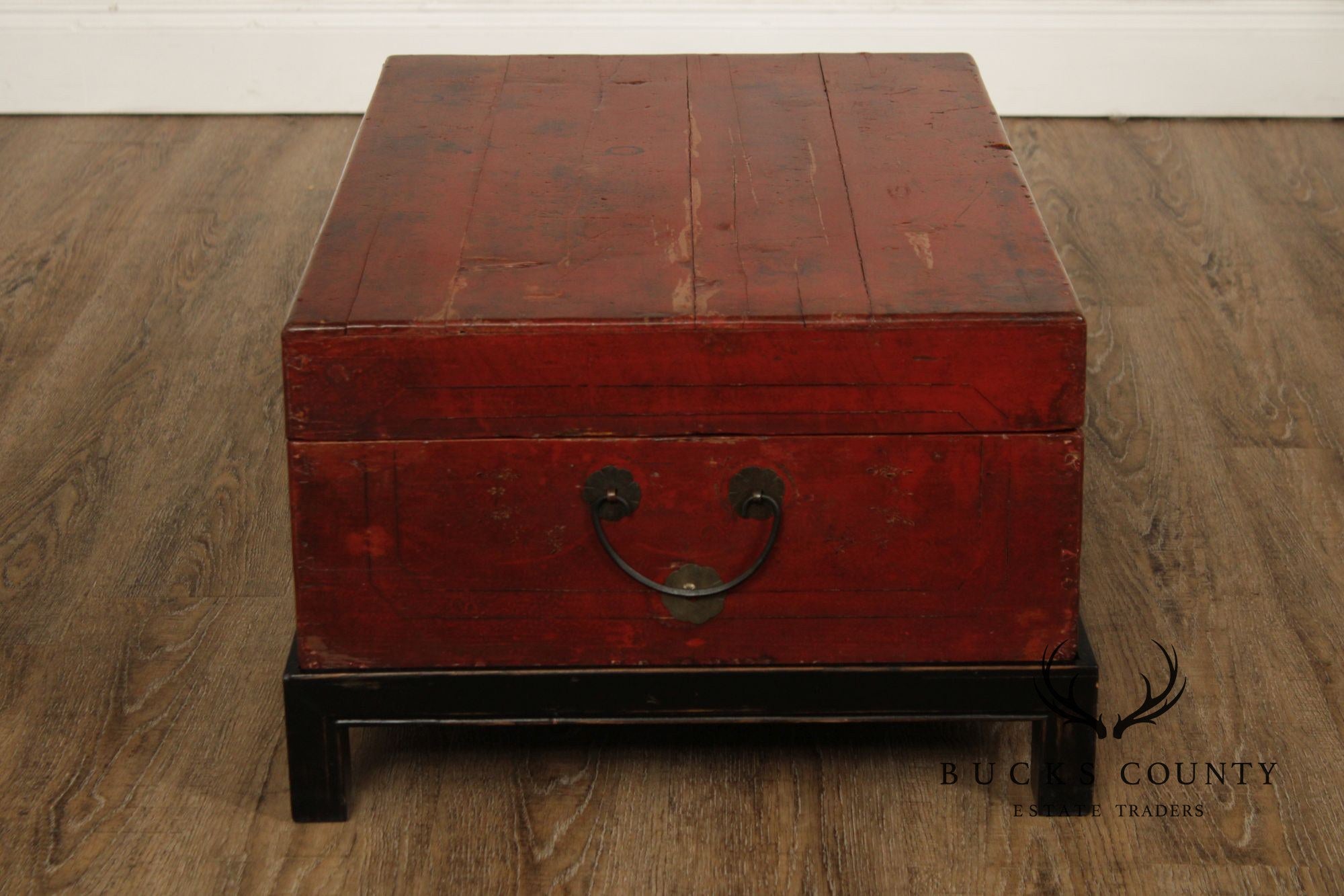 Chinese Export Style Red Lacquered Trunk With Brass Hardware On Custom Black Stand, Coffee Table