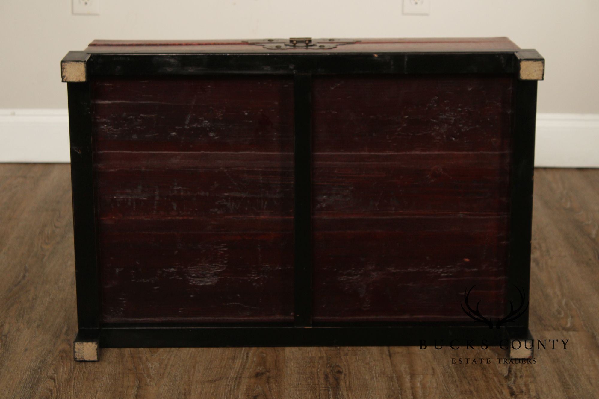 Chinese Export Style Red Lacquered Trunk With Brass Hardware On Custom Black Stand, Coffee Table