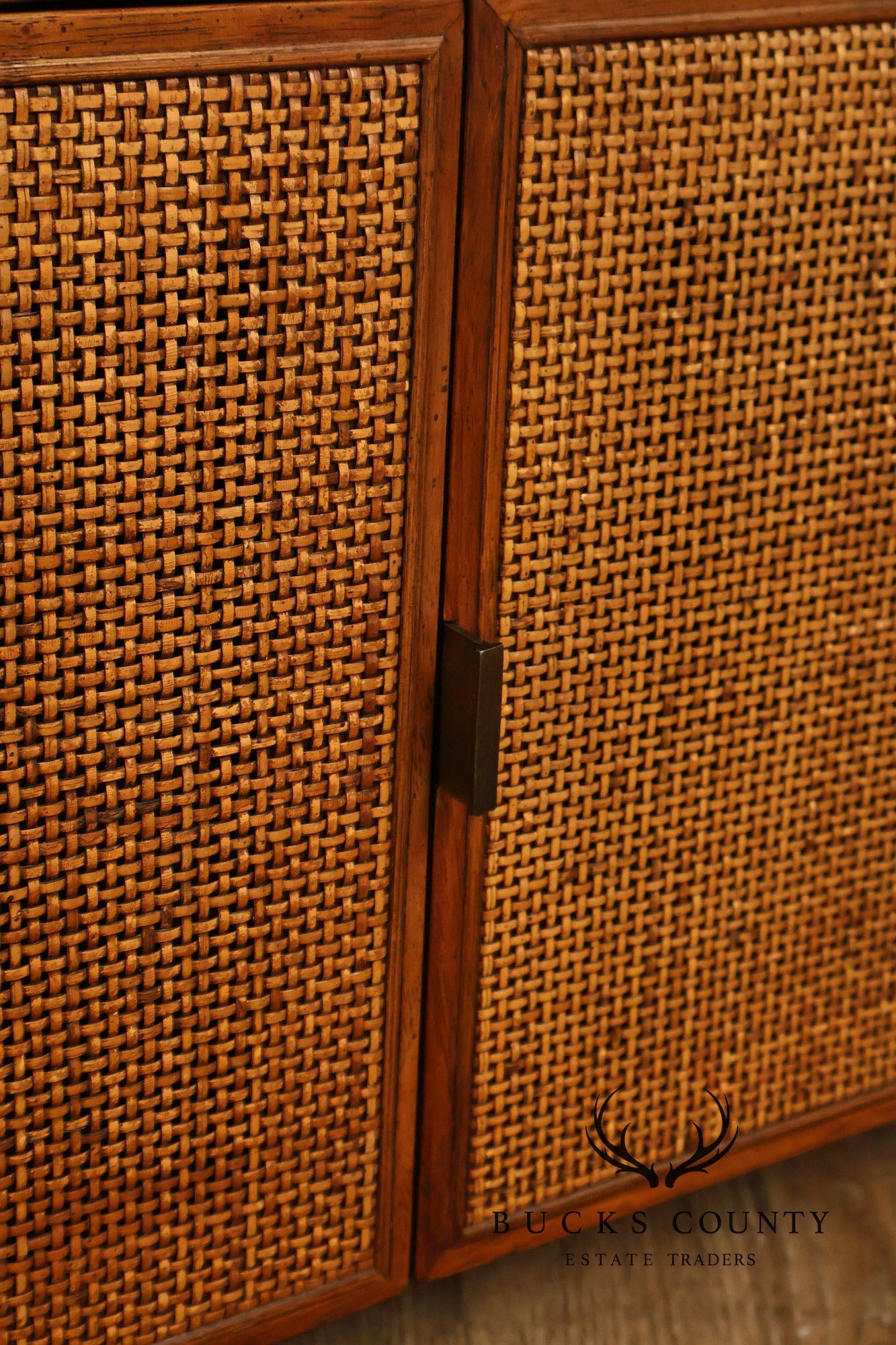 Mid-Century Modern Glass Top Walnut and Cane Side Cabinet