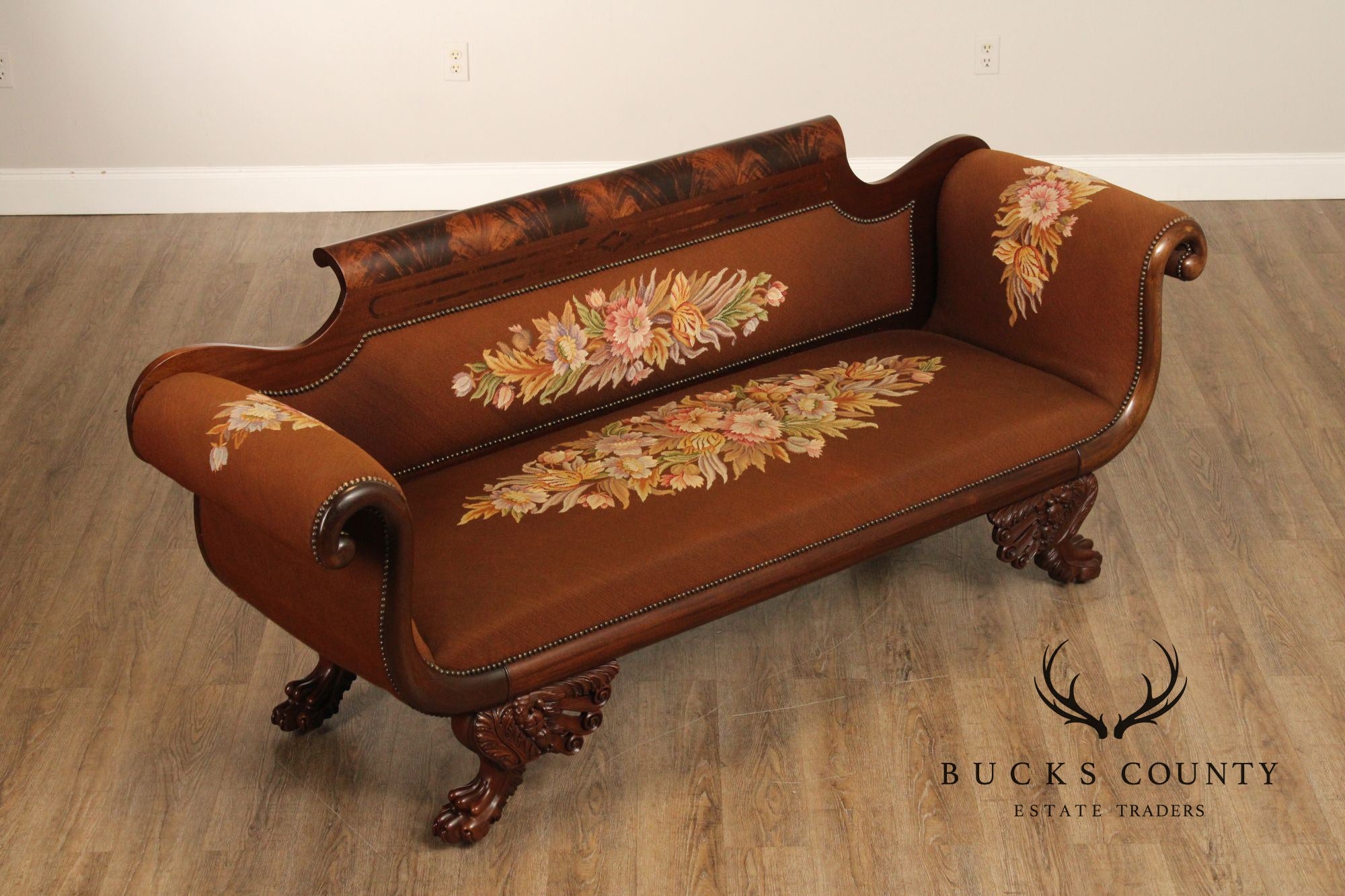 American Empire Carved Mahogany and Needlepoint Sofa